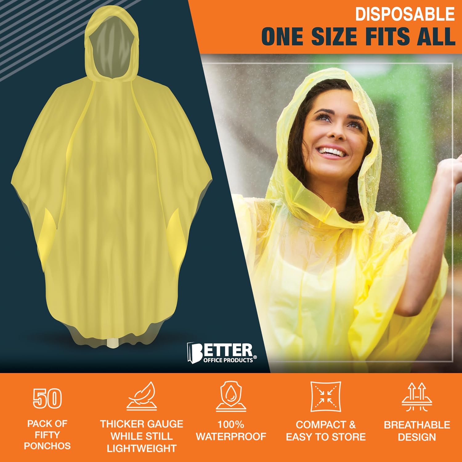 Better Office Products Disposable Yellow Rain Ponchos with Hood for Adults (Thicker Gauge), Emergency Ponchos, Lightweight
