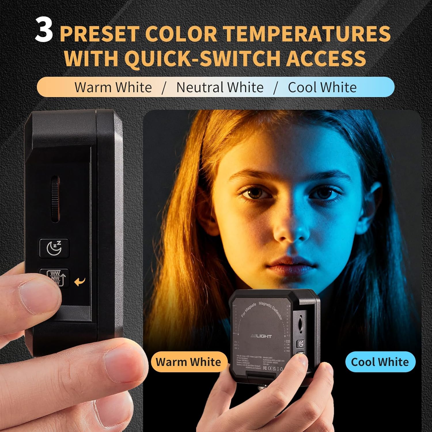 AILIGHT Magnetic LED Video Light, Portable Camera Lights for Content Creator(CRI 98+ & 2500-9000K) Rechargeable 2000mAh Camera Fill Light with Cold Shoe Mount | Photography Lighting - Black