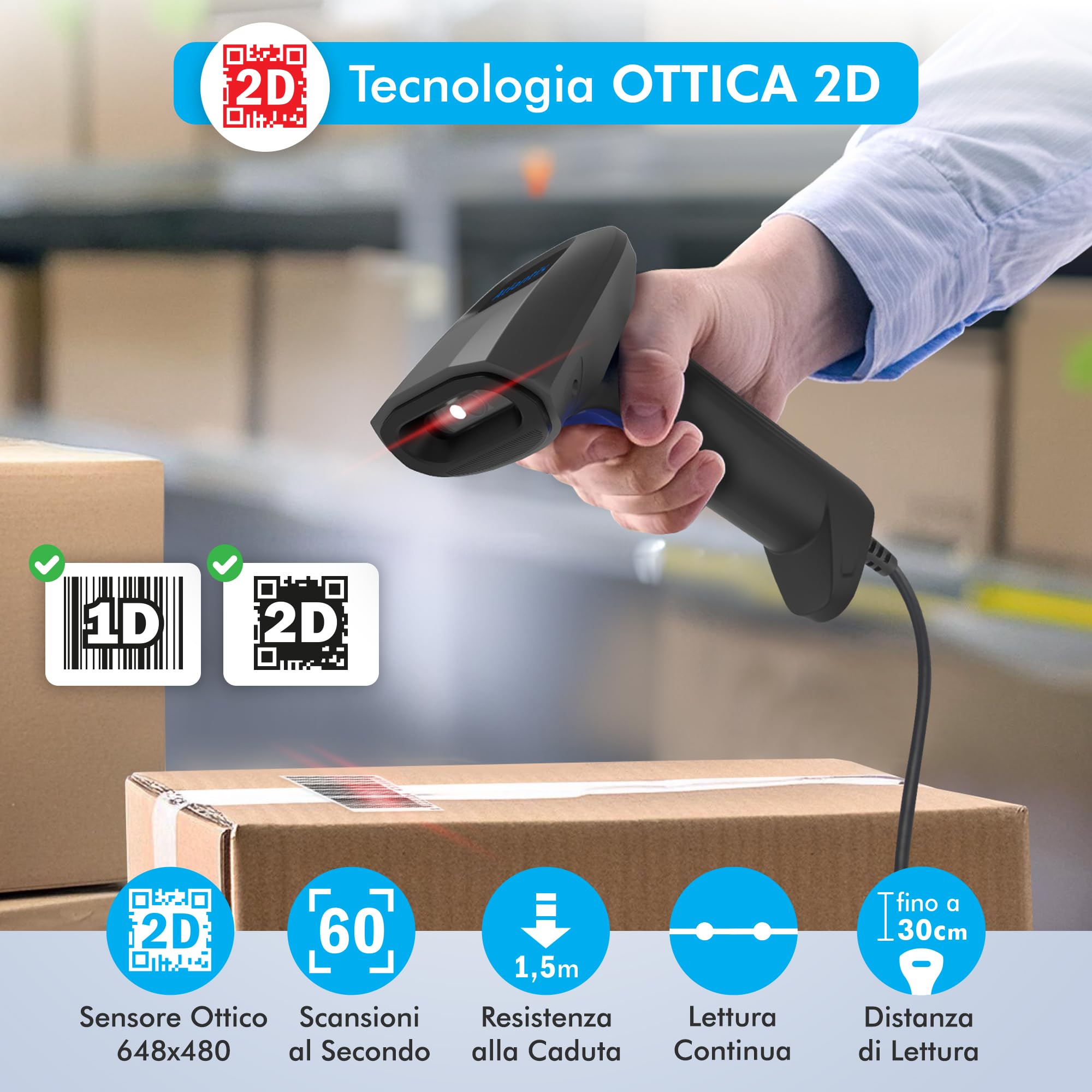 Atlantis A08-LD190-2D Lettore Codici a Barre Barcode reader scanner 1D e 2D Ottico (640x480), 60fps, legge da smartphone e display, codice farmaceutico, collegamento USB, guida rapida.