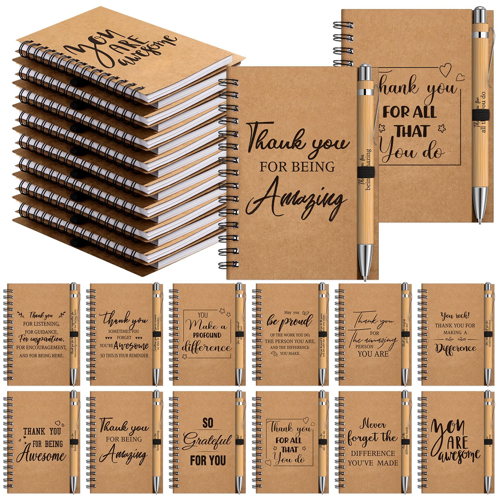 Cholemy Confezione da 30 quaderni motivazionali in carta kraft con penne a sfera in bambù, 13,7 x 10,2 cm, per dipendenti, insegnanti, colleghi, volontari