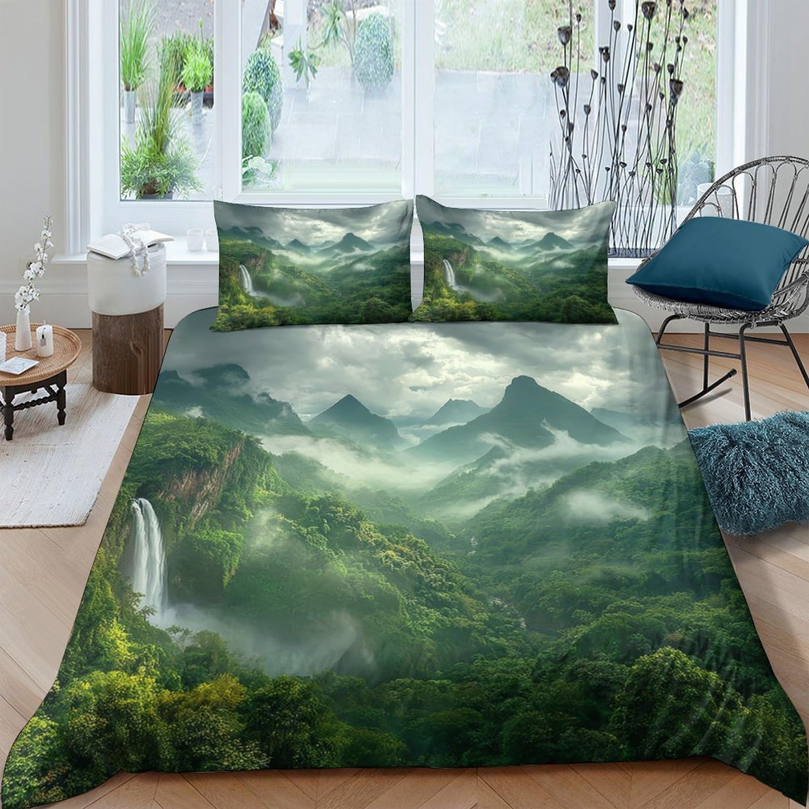 Ctjqhvkz Style-3 3D Printed Misty Forest Fitted Sheet Microfiber Soft Green Mountain Waterfall Mattress Cover For Bedroom Dorm Decor Single（135X200cm）