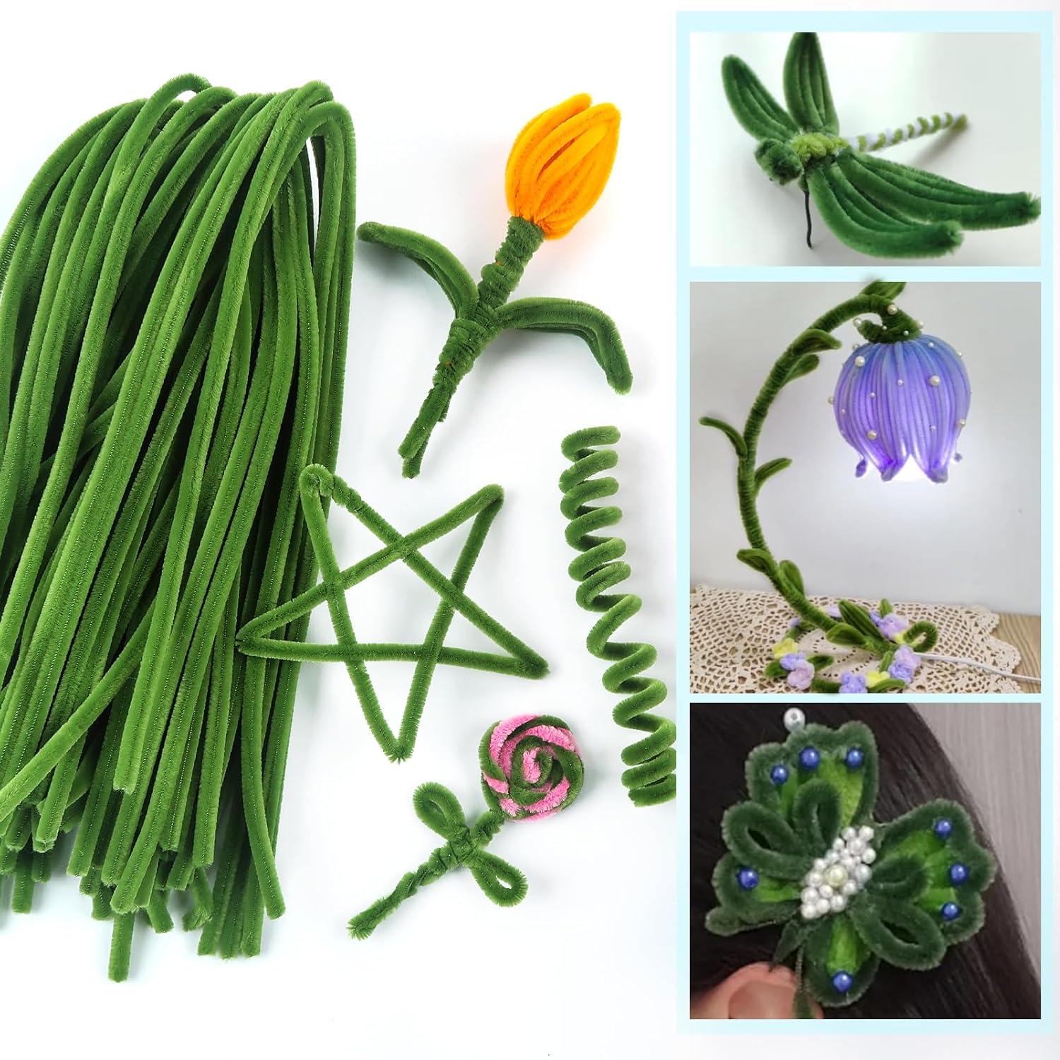 TOAOB 50pcs Long Pipe Cleaners Green Overlength Chenille Stems 24 Inch Fuzzy Sticks Craft Supplies for DIY Art Craft Projects Home Decorations