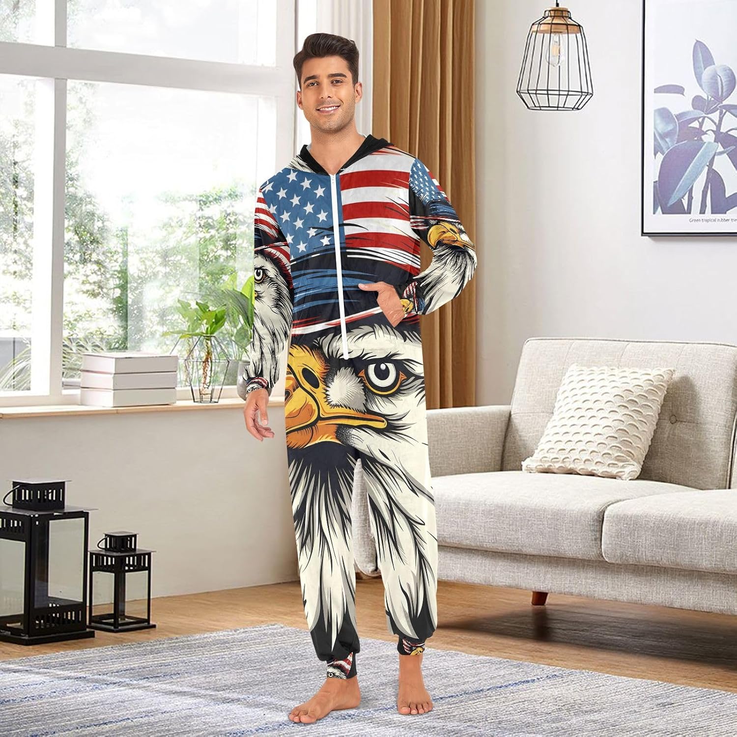 Hat Bald Eagle Flag Adult Onesie Pajamas for Unisex Novelty One Piece Costume Sleepwear