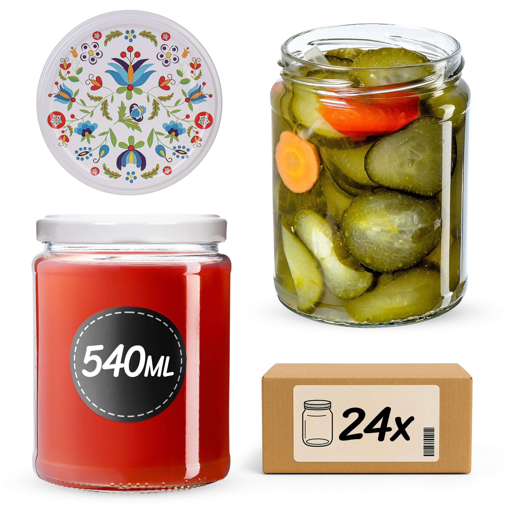 KADAX Einmachglaeser 540ml 24er Set TO82 Blumen | Mason Jar Sturzglaeser | Schraubdeckel luftdicht | Marmelade Honig | spuelmaschinenfest