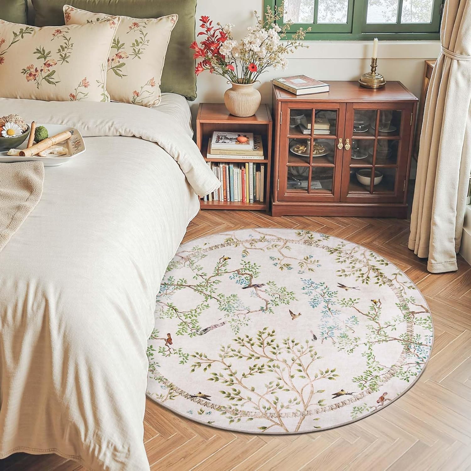 jinchan Yarden Round Rugs 4ft Ivory Botanical Birds Print Machine Washable 4' Circle Nature Plants Modern Soft Non Slip Throw Area Rugs Ultra Thin Low Pile Carpet for Entryway Bedroom Kids Room