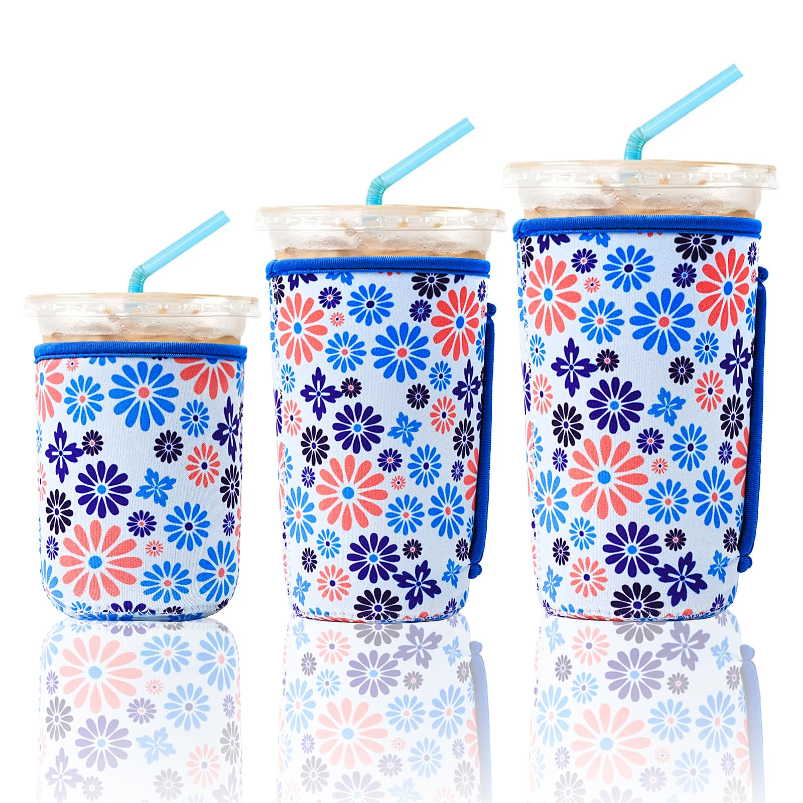 KJQJLY 3 Pack Reusable Iced Coffee Sleeves for Iced Coffee Cups or Drinks Reusable Neoprene Insulated Sleeves for Hot and Cold Drinks from Starbucks, Dunkin, And More (Blue Flower)