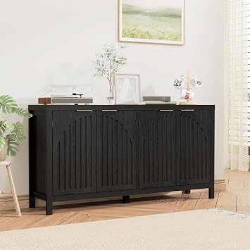 58" W Sideboard Buffet Cabinet with Storage, Mid Century Modern Credenza with Arch Doors & Shelves Coffee Bar Media Console Cabinets for Kitchen, Living Room, Entryway Black