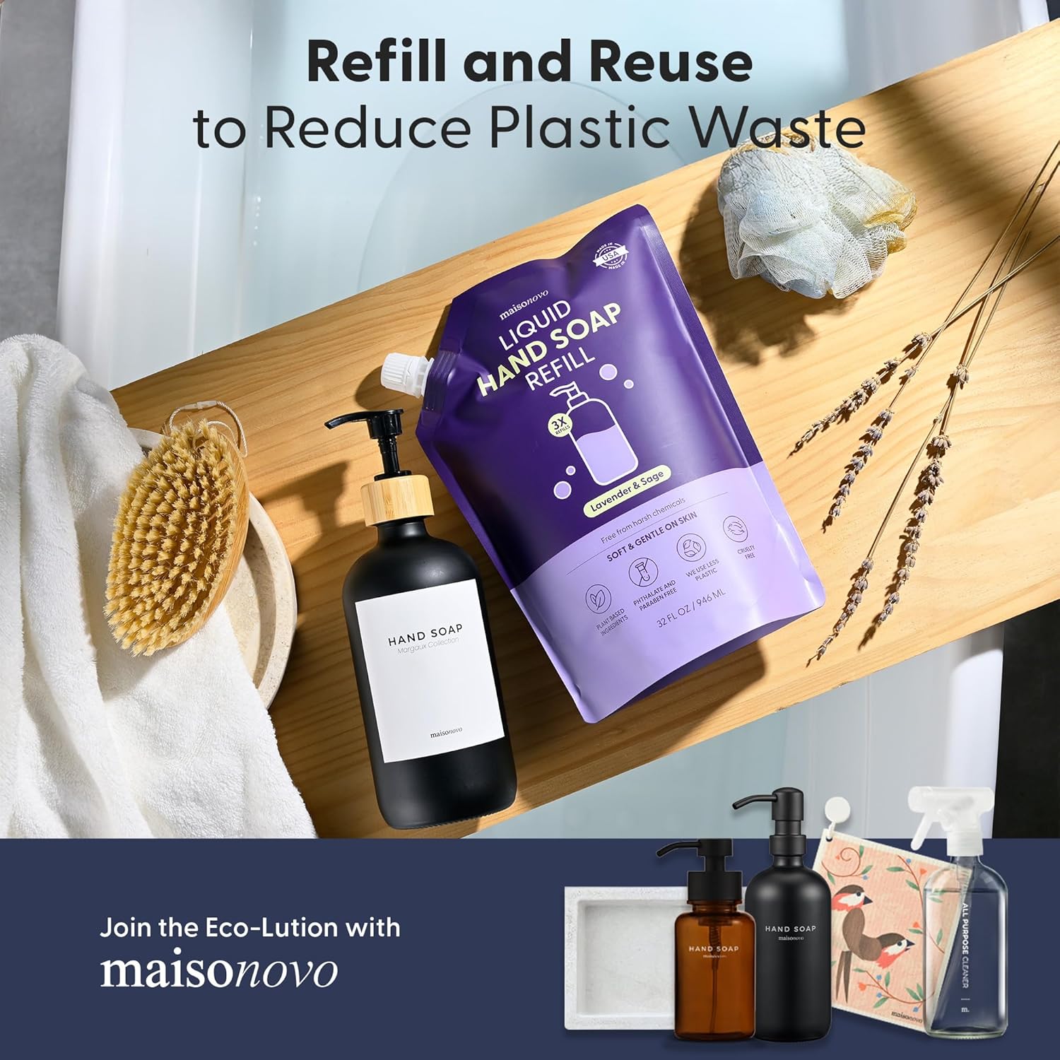 MaisoNovo Hand Soap Refills | Natural Hand Soap Refill Made in USA | Gentle Non Toxic Refill Good for All Skin Types | Lavender Refill Pouch 32 oz
