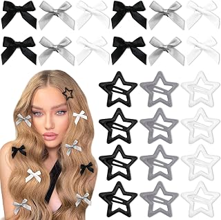 Mini Bow Hair Clips 24PCS White Star Clips Satin Small Hair Bows Y2K Coquette Star Barrettes Hair Accessories for Girls
