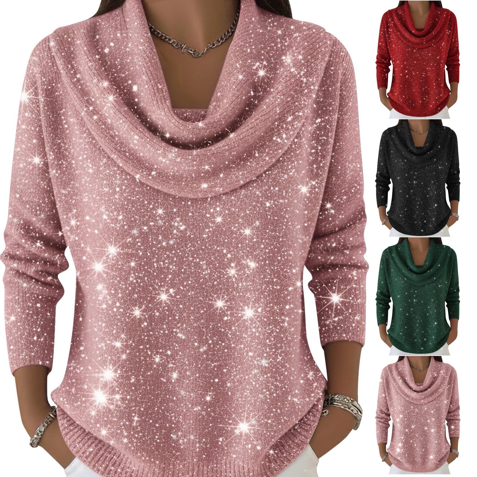 Womens 2025 Holiday Sequin Cowl Neck Sweater - Casual Loose Warm Winter Fashion Pullover Jumper Tops