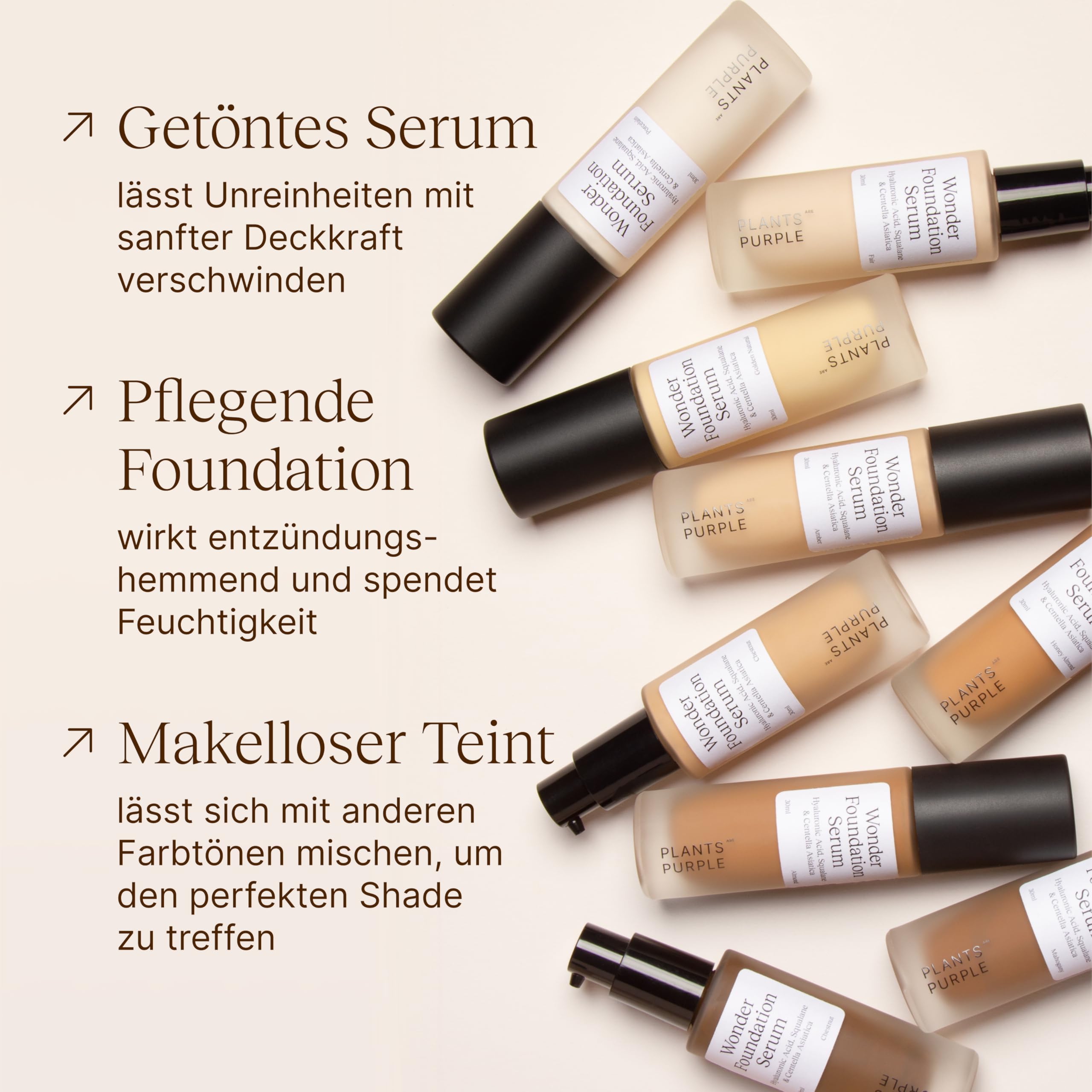Wonder Foundation Serum - Make Up sanfte Deckkraft | Alle Hauttyp | Mit Hyaluronsäure + Squalan | Regenerierende Wirkung | Getöntes Gesichtsserum langanhaltender Glow | Plants Are Purple (Amber 30ml)