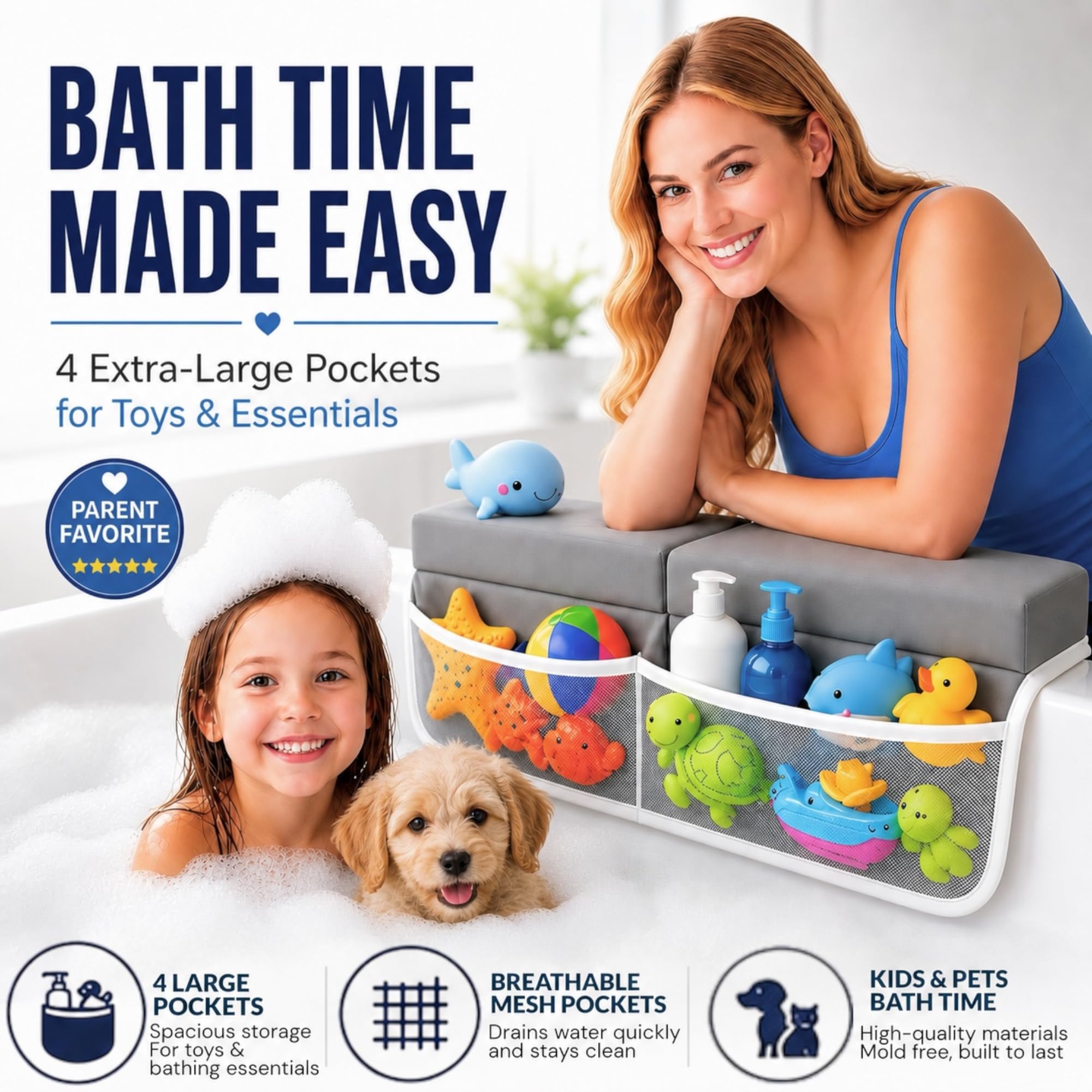 HUX Baby Baby-Badewannen-Knieschützer und Ellenbogenstützen-Set, Badematte, Badespielzeug-Organizer für Badewanne, Ellenbogen- und Kniestützen-Set, Lua Grey