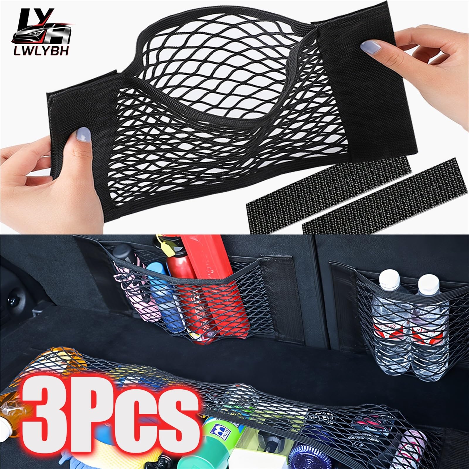 Red Maletero de Coche Red de Carga for Coche | Bolsa de red de almacenamiento doble for maletero, bolsillo de malla fijo trasero, elástico Universal(25CMx50CM,3Pcs)