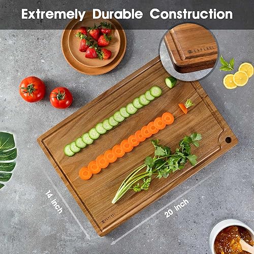 Miniatura 3 de Caperci Better Tabla de cortar de madera de acacia extragrande de 20 x 14 pulgadas, tabla de cortar de cocina con ranura para jugo y agujero de