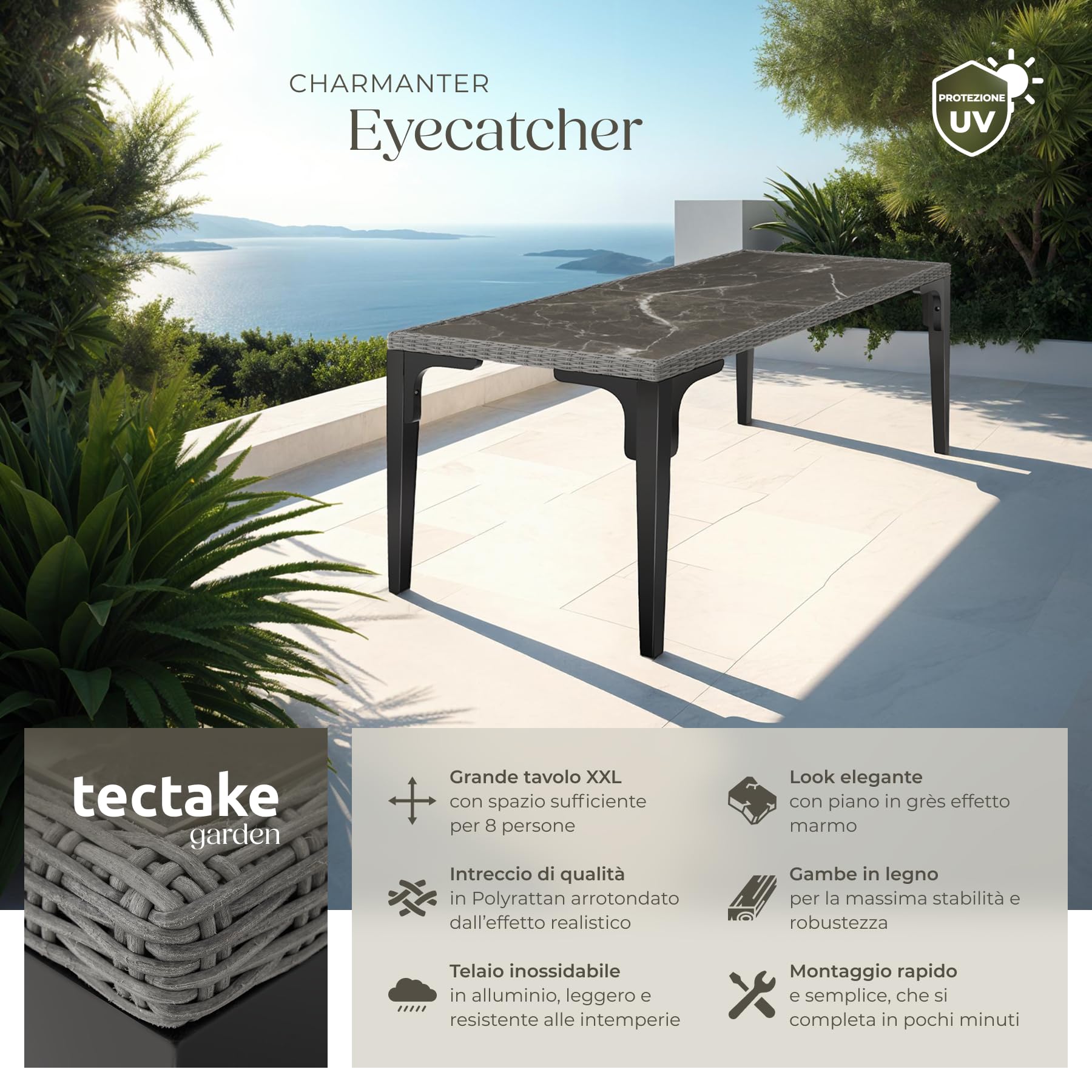 tectake® Tavolo da Esterno in Rattan, Tavolo da Giardino con Intreccio Pregiato, Tavolino Salotto con Telaio in Alluminio e Legno Massiccio, 2 Lastre in Gres Porcellanato - Grigio