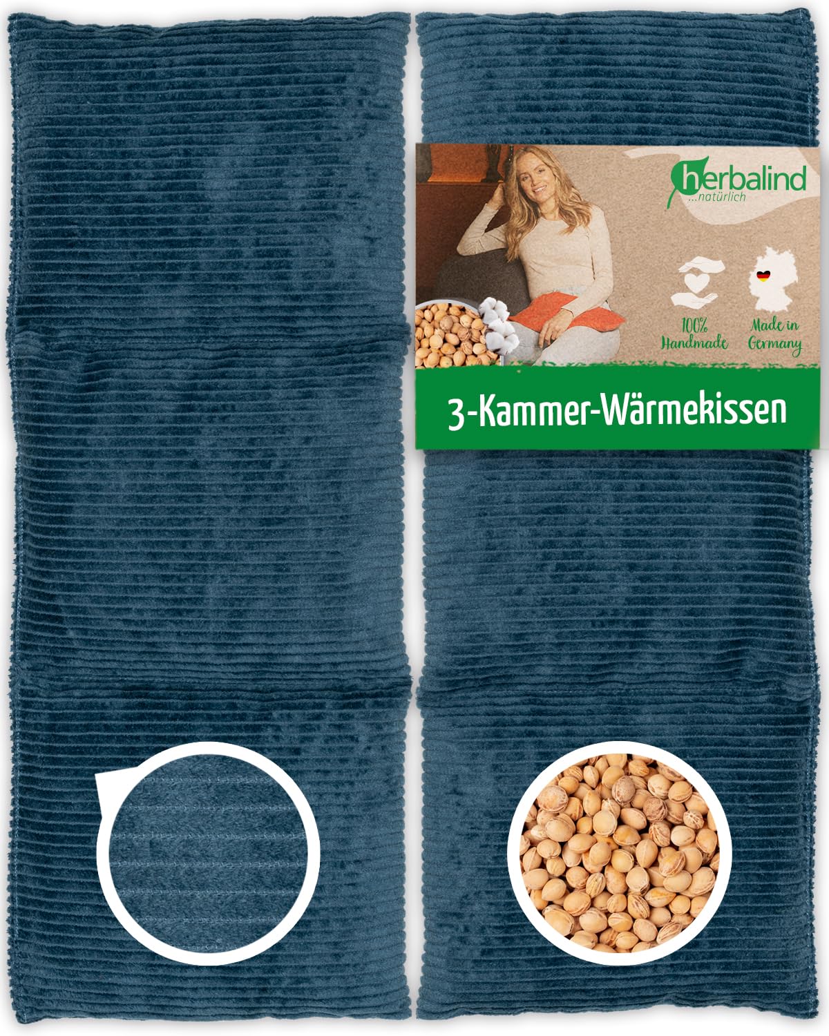HERBALIND Robustes Kirschkernkissen Cord Premium 50x20cm 900g (L) - Handmade in Germany - Wärmekissen für Mikrowelle - 100% OEKO TEX Baumwolle für Erwachsene Kinder (Cordstoff, petrol)