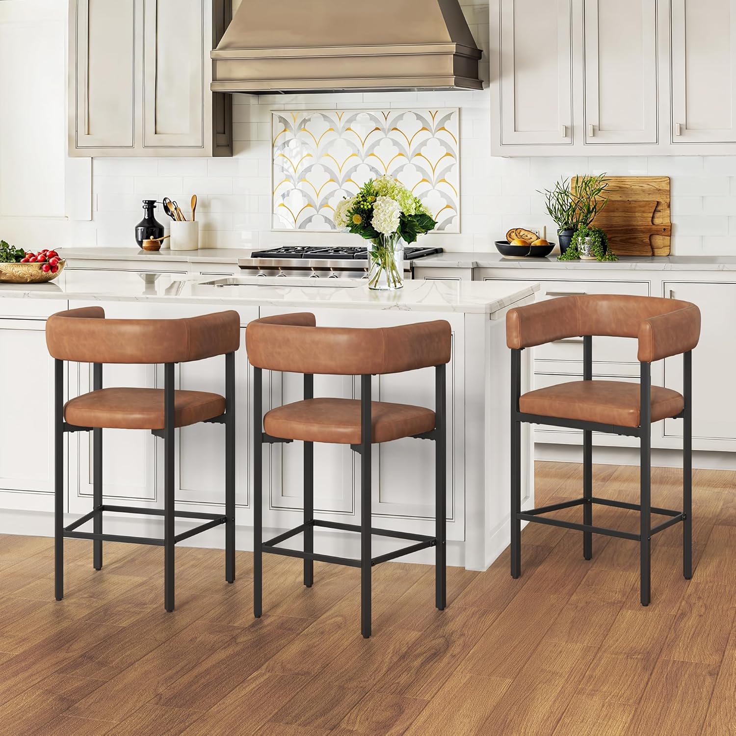 Set of 3 Brown Faux Leather Counter Height Bar Stools with Metal Frame