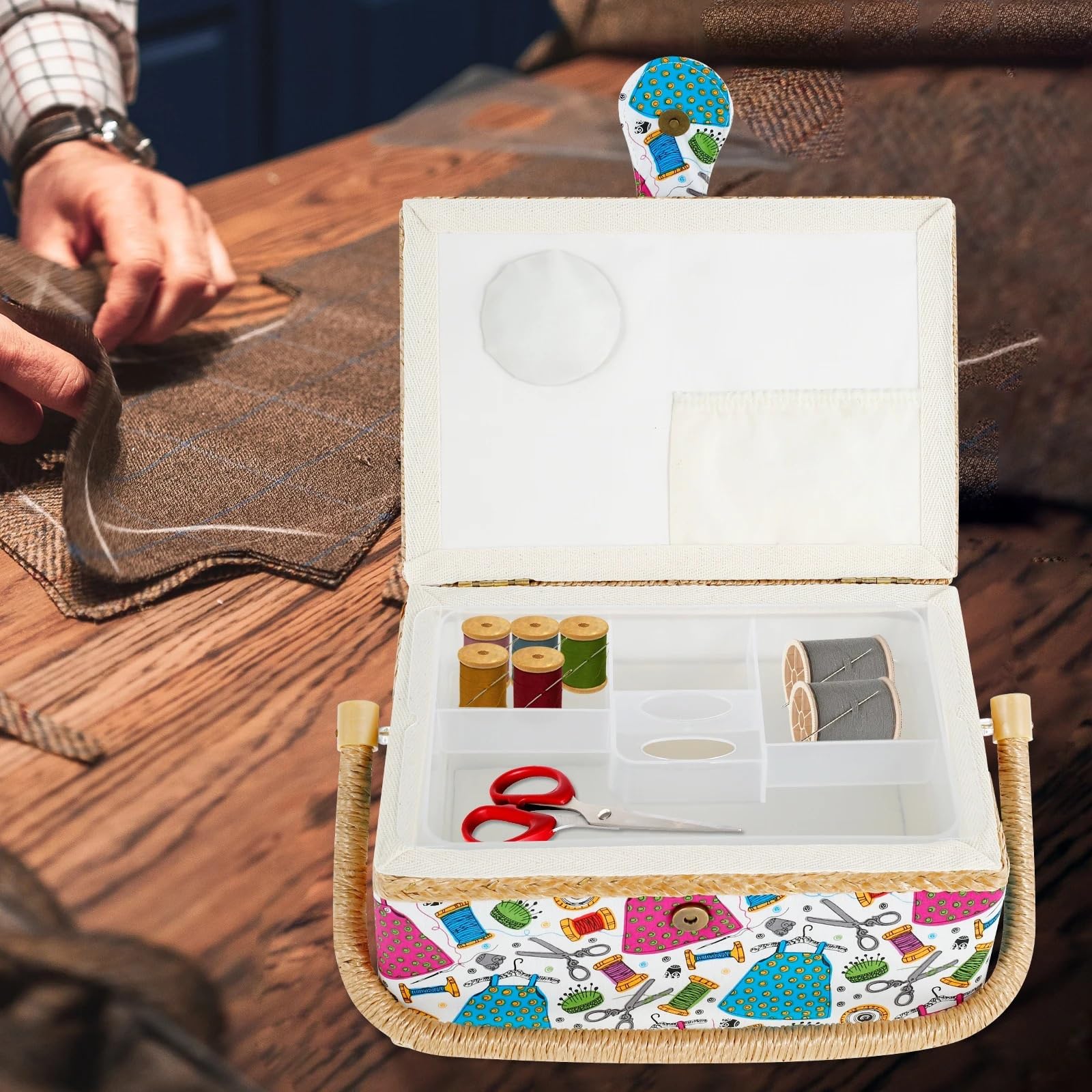 Cesta de Coser Sewing Basket With Removable Tray Practical Organizer Portable Storage Box(Color2)