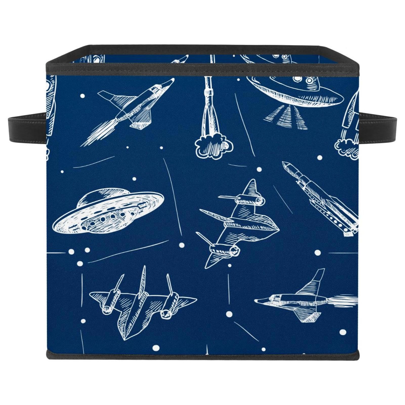 Boîte de rangement pliable enfant en tissu bleu marine avec motif fusée