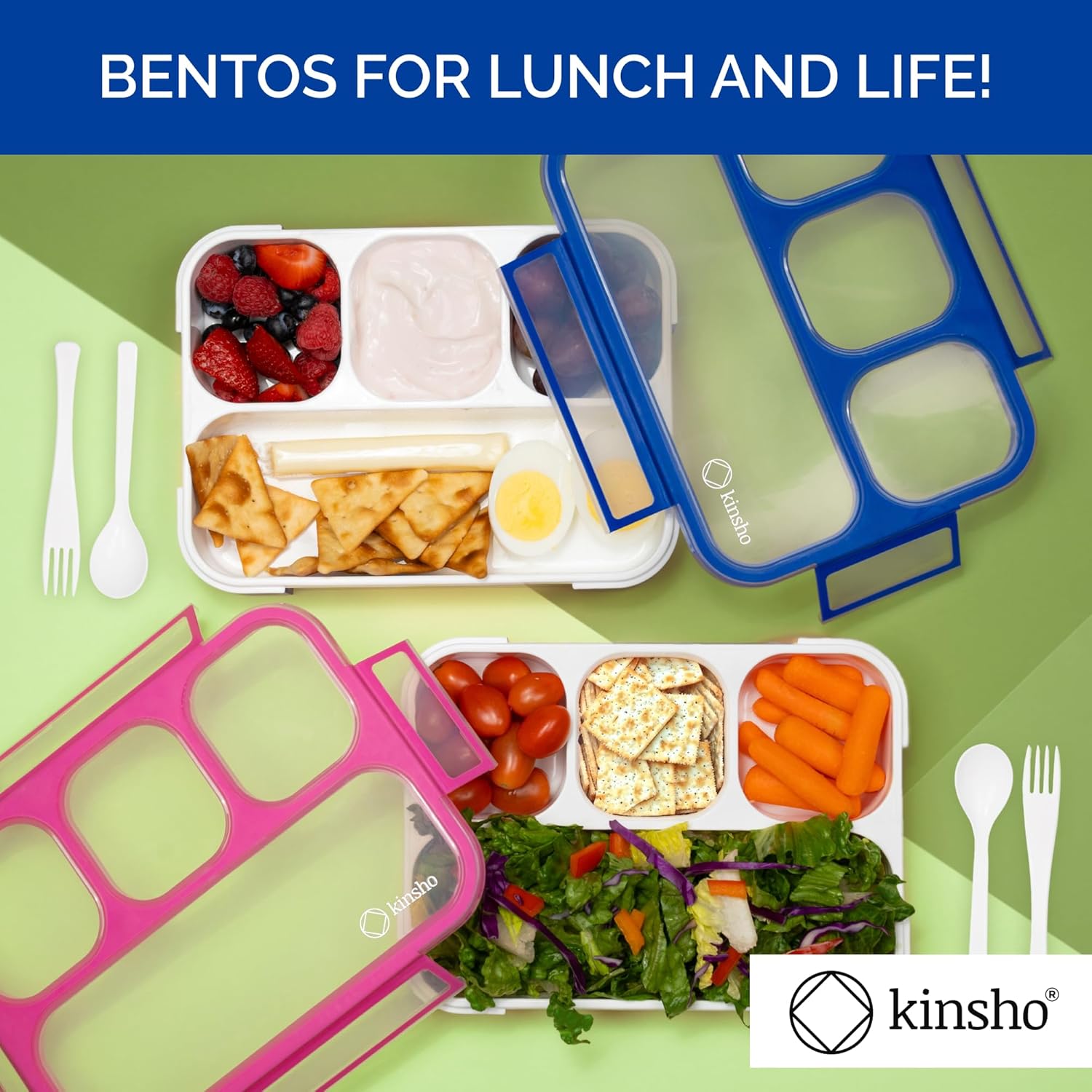Bento Lunch-Box For Kids And Adults: Lunch Boxes With 4 Sealed Compartments, Divided Containers For Boys Girls Women Men - School Work Portion Container, Utensils, Blue + Rose Pink 2 Pack Set