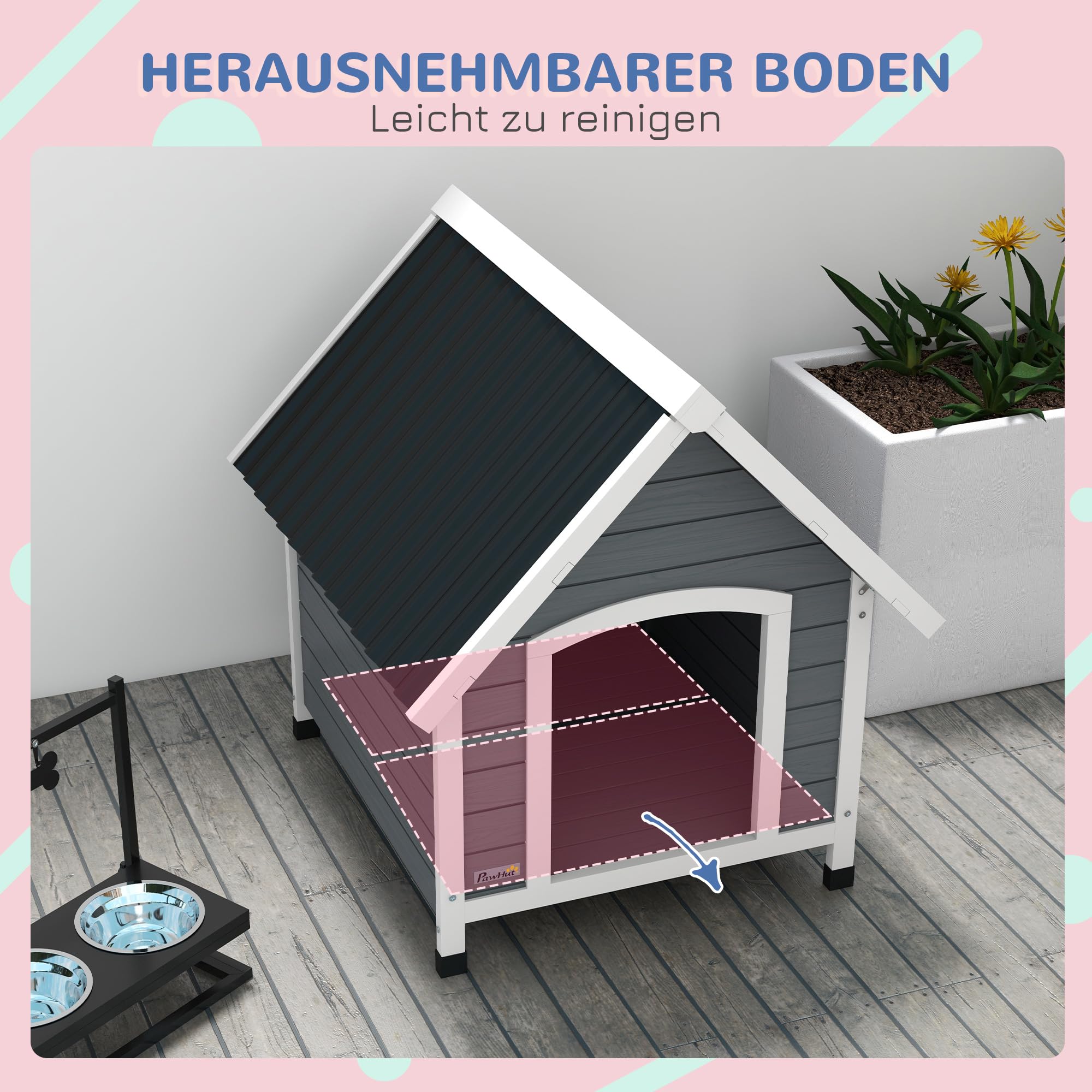 PawHut Hundehütte aus Holz Kleintierhaus mit Asphaltdach Outdoor Hundehöhle korrosionsbeständig Hundehaus mit herausnehmbarem Boden für mittelgroße Hunde 75 x 88 x 82 cm Grau