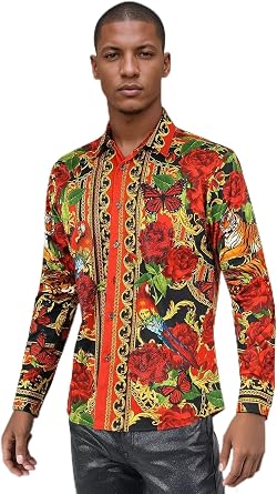 Barabas Mens Rhinestone Tiger Floral Butterfly Luxury Shirt 2SPR224