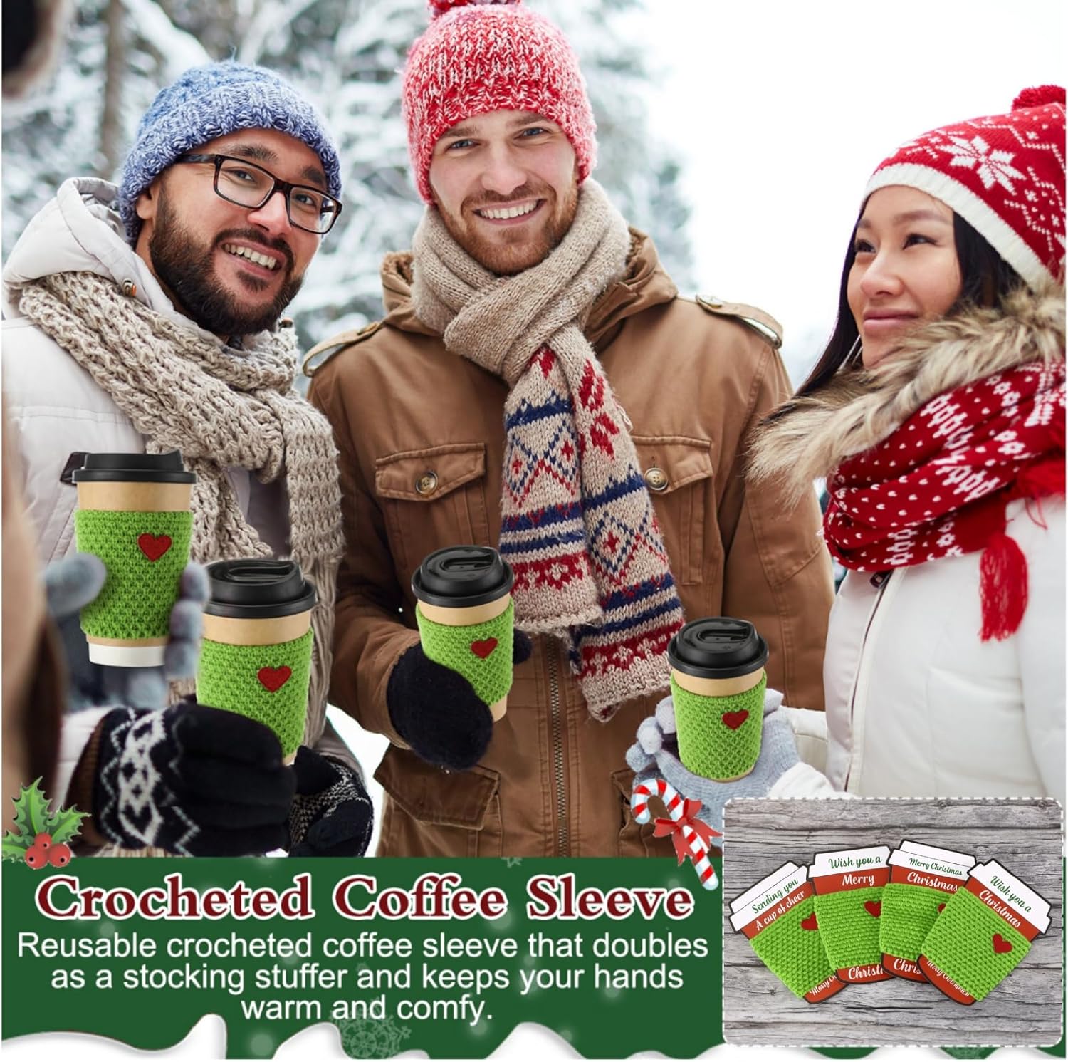Qinyoung 12 Set Christmas Crochet Coffee Gifts Set Green Reusable Cozy Knitted Cup Warmer Sleeve with Red Coffee Greeting Gift Card Holders for Women Men Teachers Appreciation Christmas Party Favors