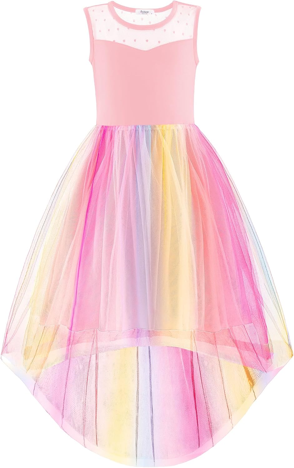 Arshiner Girls Dresses Formal Party Wedding Tulle Sleeveless Contrast Mesh High Low Dress with Belt