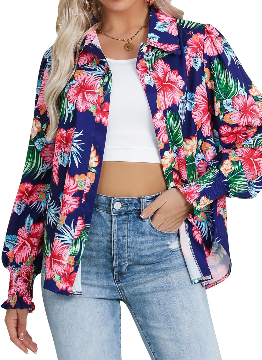 Womens Button Down Hawaiian Shirts Puff Long Sleeve Dressy Casual Floral Printed T-Shirt Trendy V Neck Comfy Boho Blouse Tops - Image 2