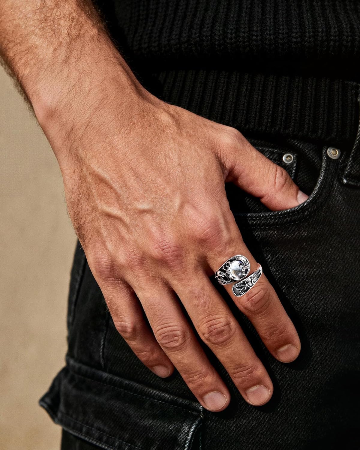 Silver Moonstone Spoon Ring for Women - Adjustable Beach Ring with Floral Carving, June Birthstone Thumb Ring for Gift - Image 5