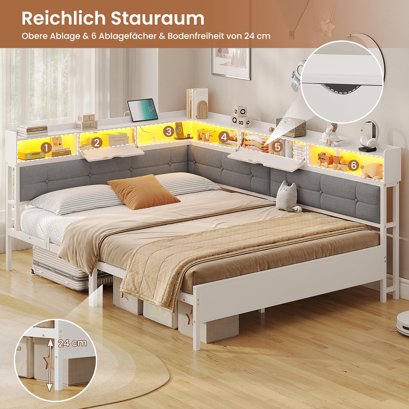 AOGLLATI Polsterbett Schlafsofa 140x200 mit 6 Staufächern Jugendbett 140x200 mit LED-Beleuchtung Tagesbett mit Steckdosen Gästebett Bettgestell mit Lattenrost aus Metall, Ohne Matratze (Weiß)