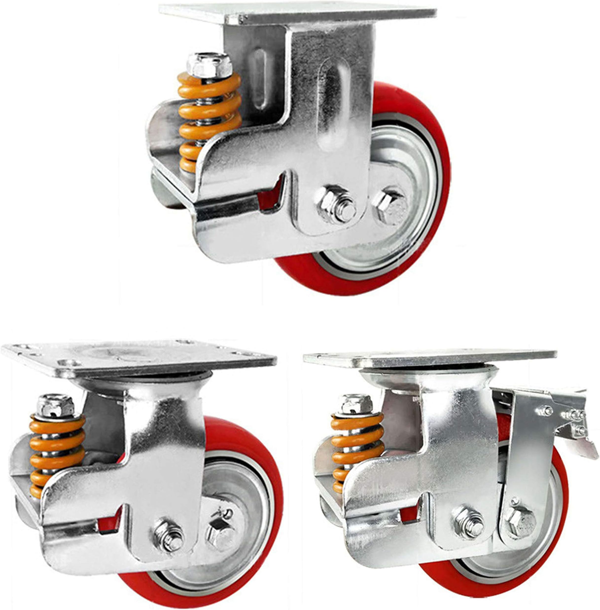 Plate Casters Spring-loaded Casters, Swivel Caster Wheels, Heavy Duty Industrial Castors, Fixed - Swivel - Brakes - Polyurethane - Wear-resistant - Shock-absorbing Design, Maximum