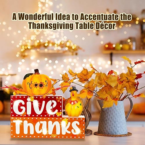 Miniatura 6 de BlcTec Decoraciones de otoño para el hogar, letrero de bloque de madera iluminado de Acción de Gracias con letras 3D, calabaza, pavo, arces, fruta,