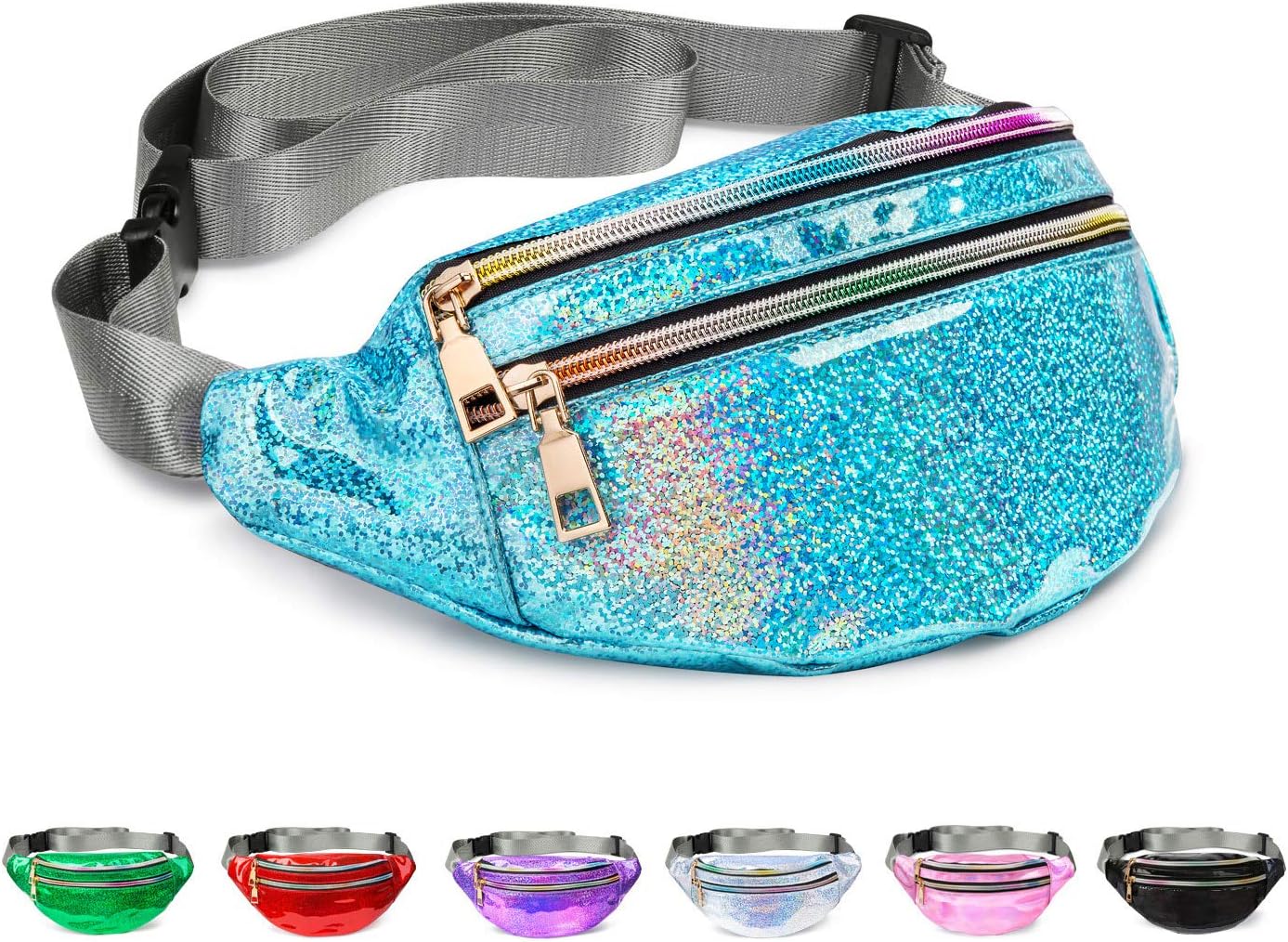 Fanny Pack Belt Bag, Holographic Fanny Packs for Women Men Kids, Fashion Waterproof Waist Pack with 3 Pouches Adjustable Strap, Shiny Causal Bags Cute Bum Bag Hip Sacks for Travel Festival Hiking Rave