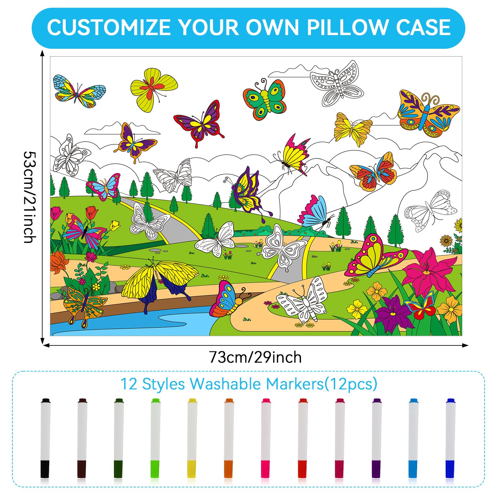 Qyeahkj Coloring Pillowcase for Kids Butterflies Craft Washable Markers 29 x 21inch Color Your Own Pure Cotton Soft Spring Butterfly Pillow Covers Set Reusable Arts and Crafts