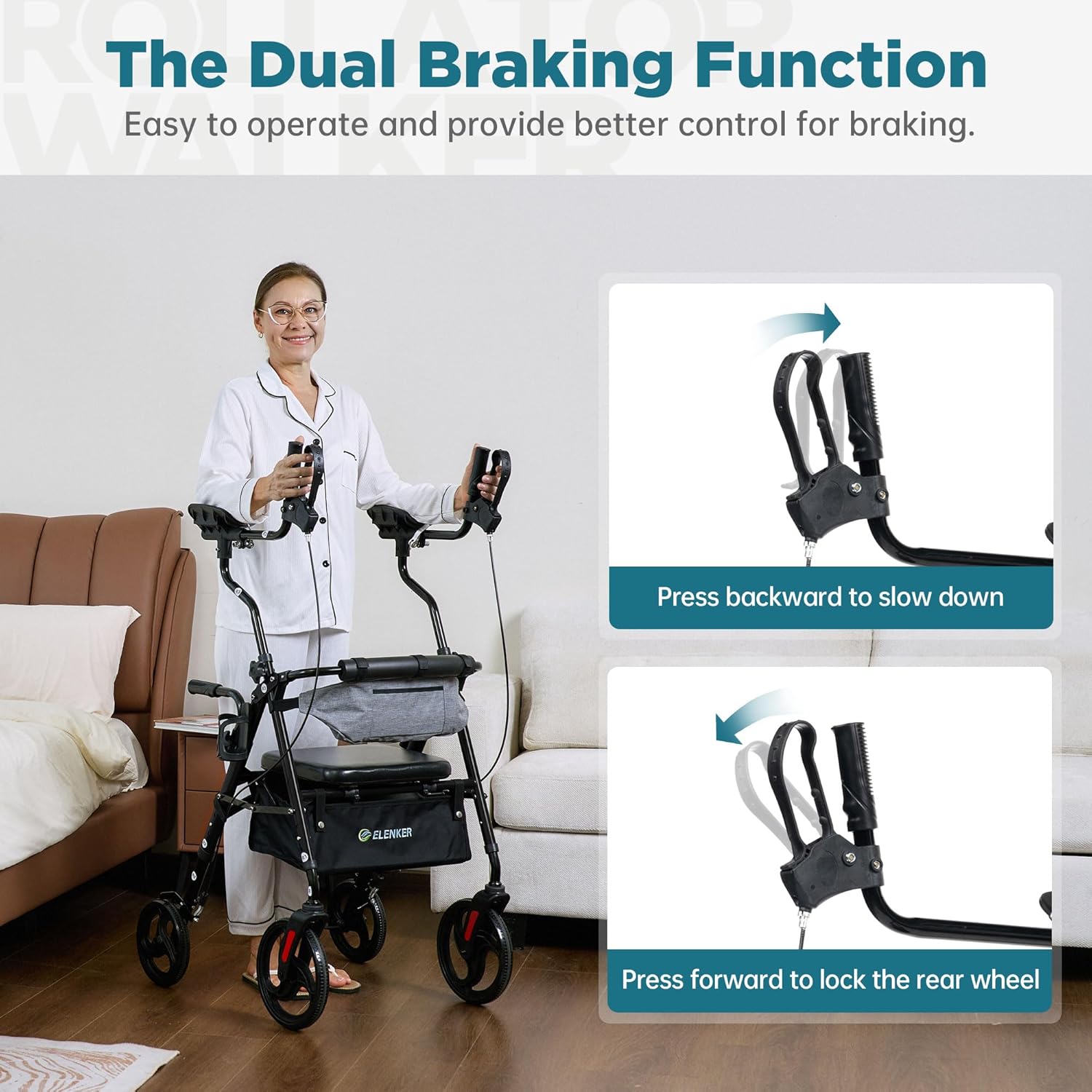 ELENKER Upright Rollator Walker, Stand Up Walkers for Seniors with Armrest, Front Pouch, 10”Wheels, Sponge Padded Seat and Backrest, Fully Adjustment Frame, Black