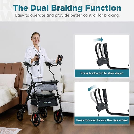 ELENKER Upright Rollator Walker, Stand Up Walkers for Seniors with Armrest, Front Pouch, 10Wheels, Sponge Padded Seat and Backrest, Fully Adjustment Frame, Black