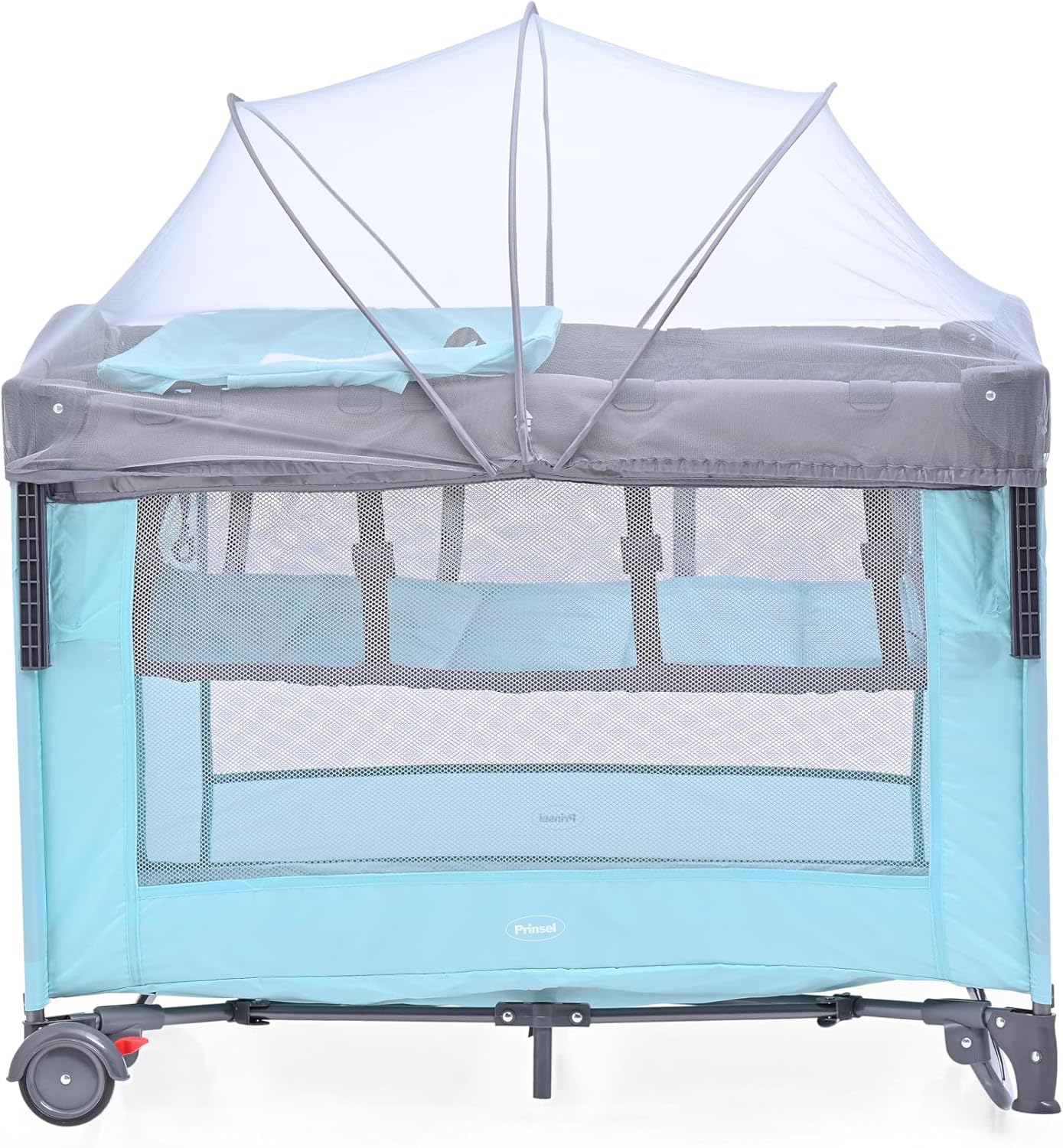 Side view of Prinsel Cuna Colecho showing mesh panel and adjustable height