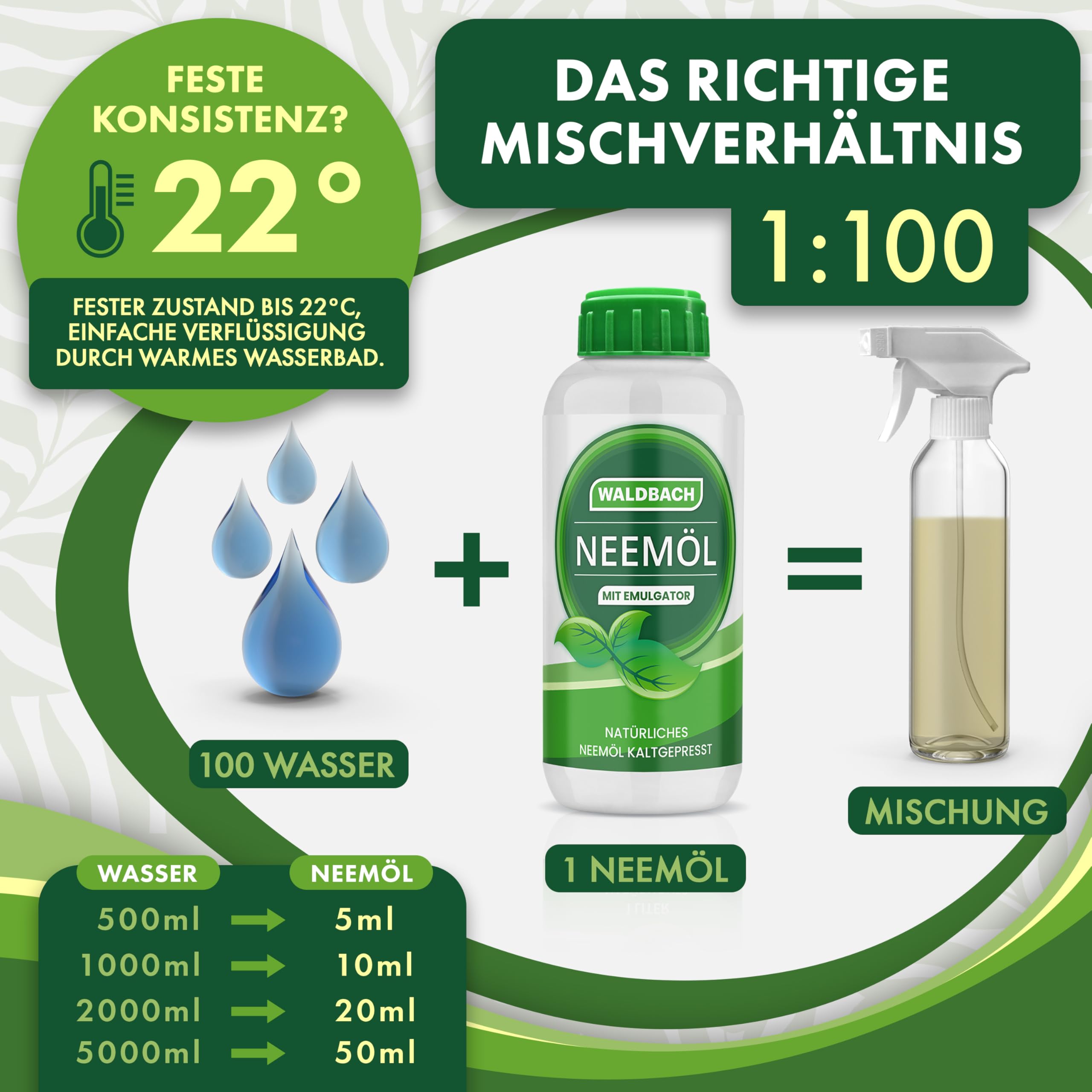 Huile de neem avec émulsifiant [500 ml] – Huile de neem naturelle pour plantes avec flacon pulvérisateur et verre doseur – 50 litres de mélange prêt à pulvériser – Entretien efficace des