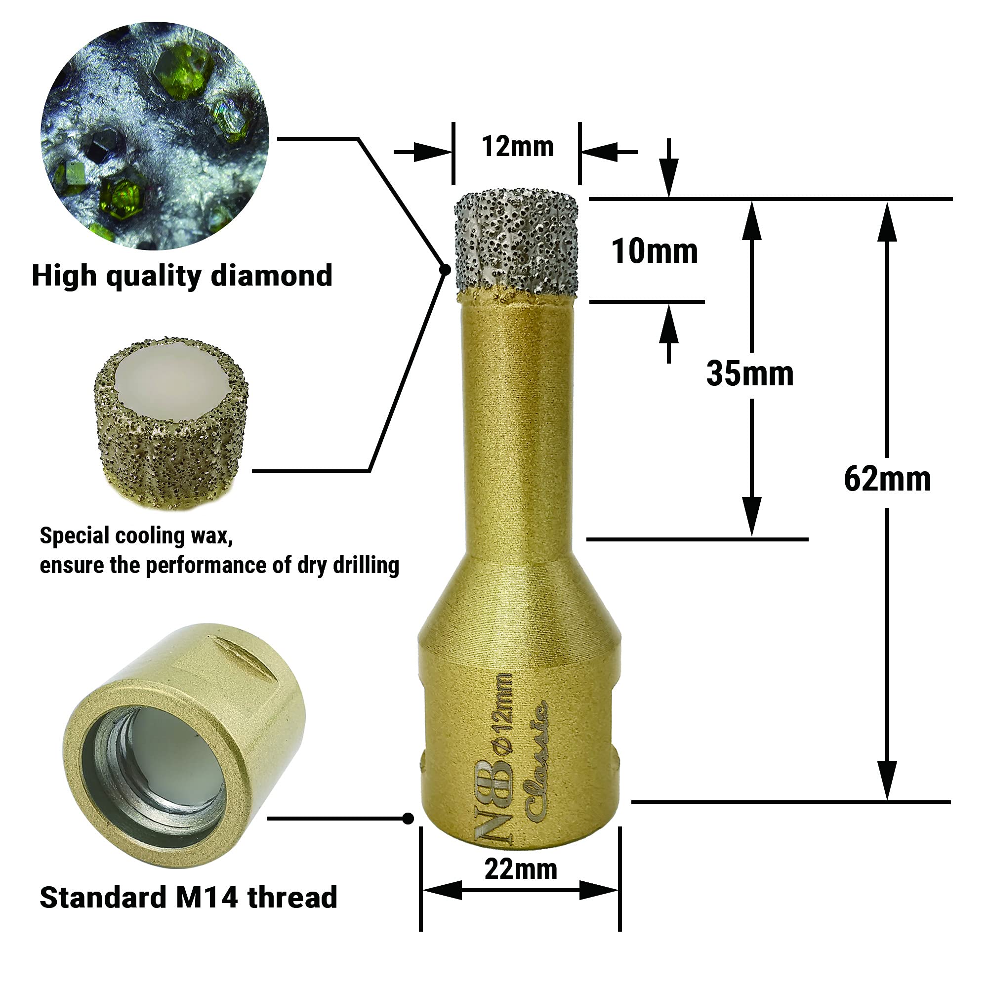 NBB vacuum brazed diamond hole saw with M14, Classic Golden type - Image 2