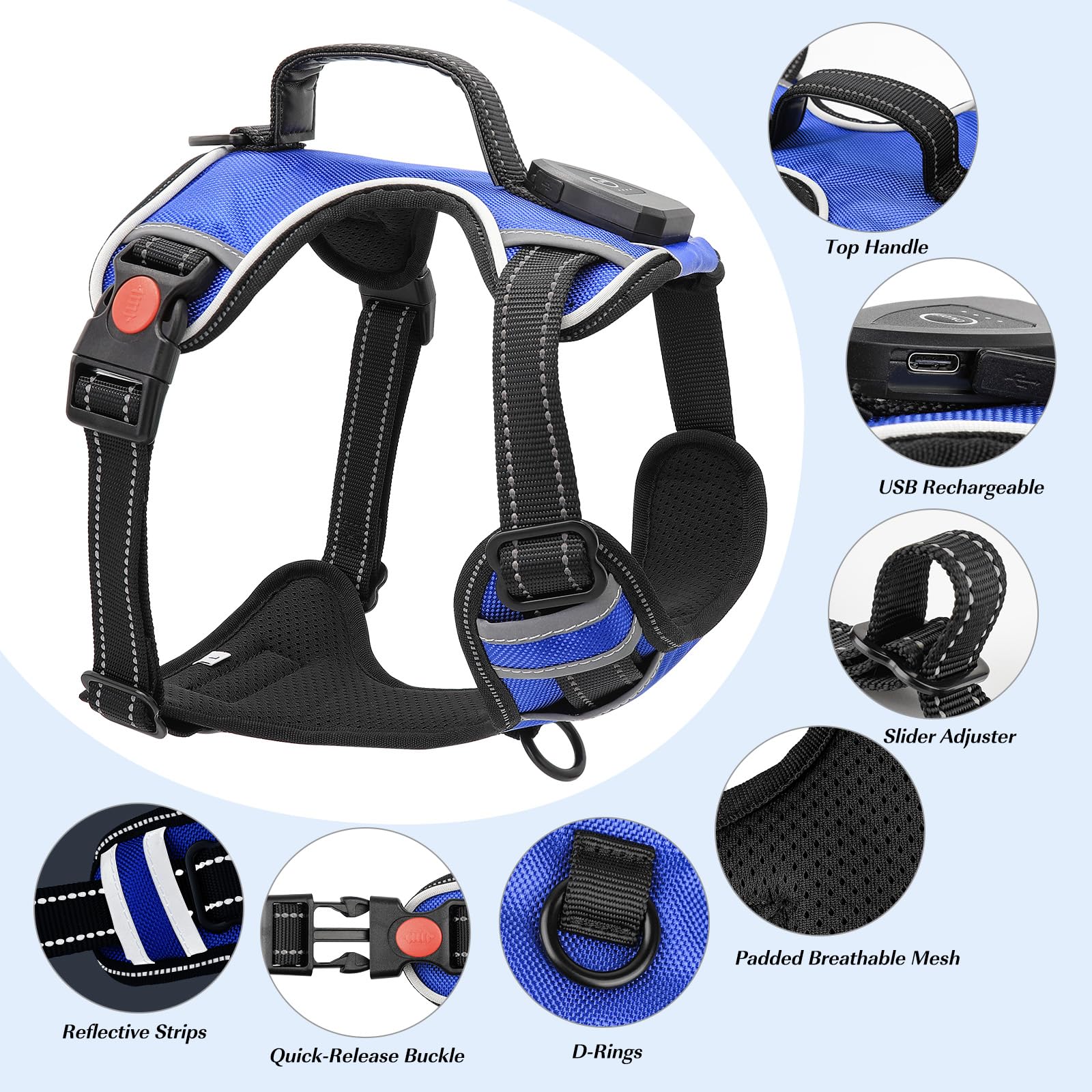 YFbrite Light up Dog Harness, Adjustable Waterproof LED Dog Harness for Small Medium and Large Dogs (Blue, X-Large) - Image 2