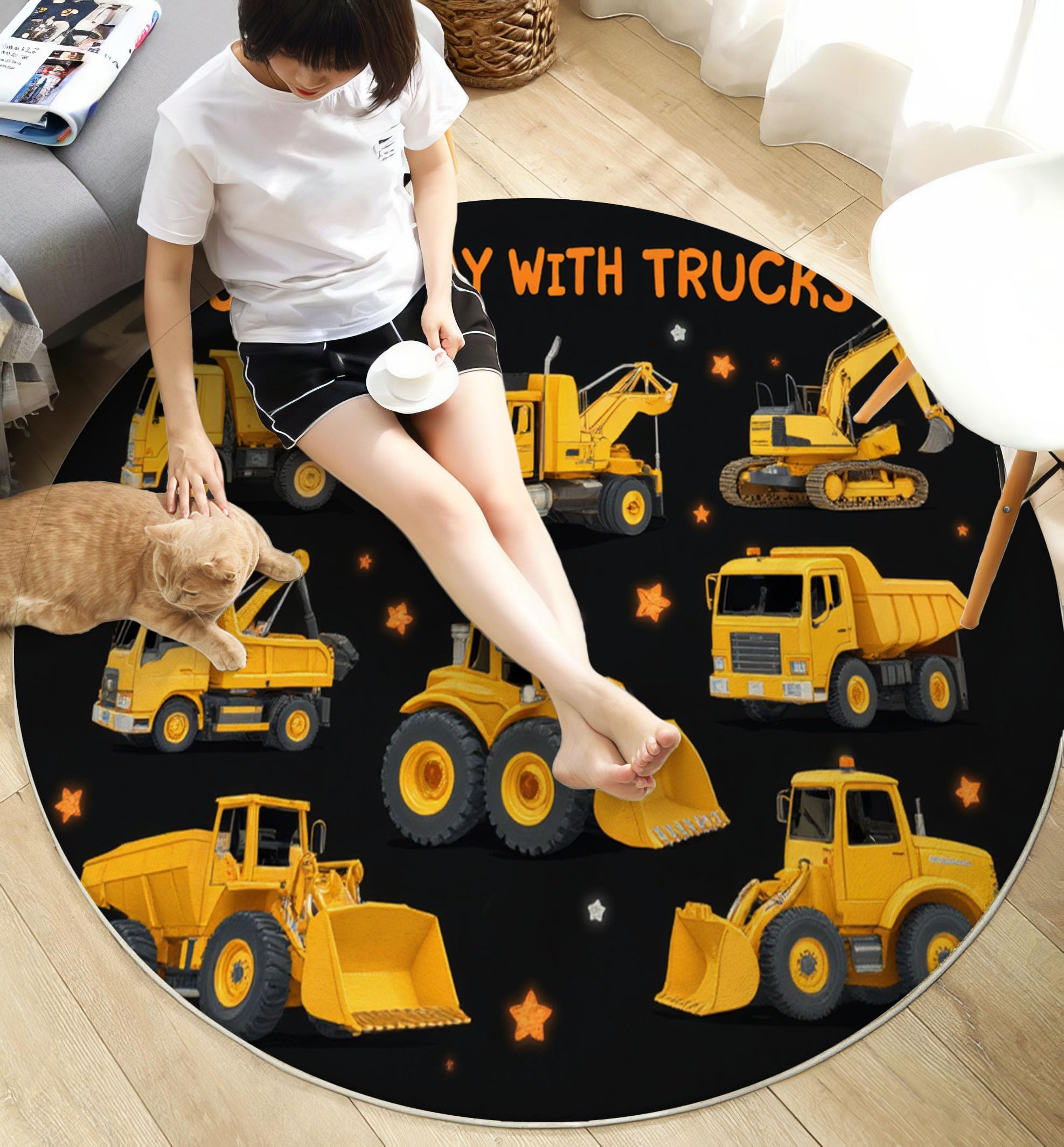 Tappeto Rotondo Salotto 140cm Tappetini a Pelo Corto Veicoli Da Costruzione Antiscivolo Lavabile Bambino Scendiletto per Bambini Cameretta, Zona Balcone, Tappeto Tavolino, Nero