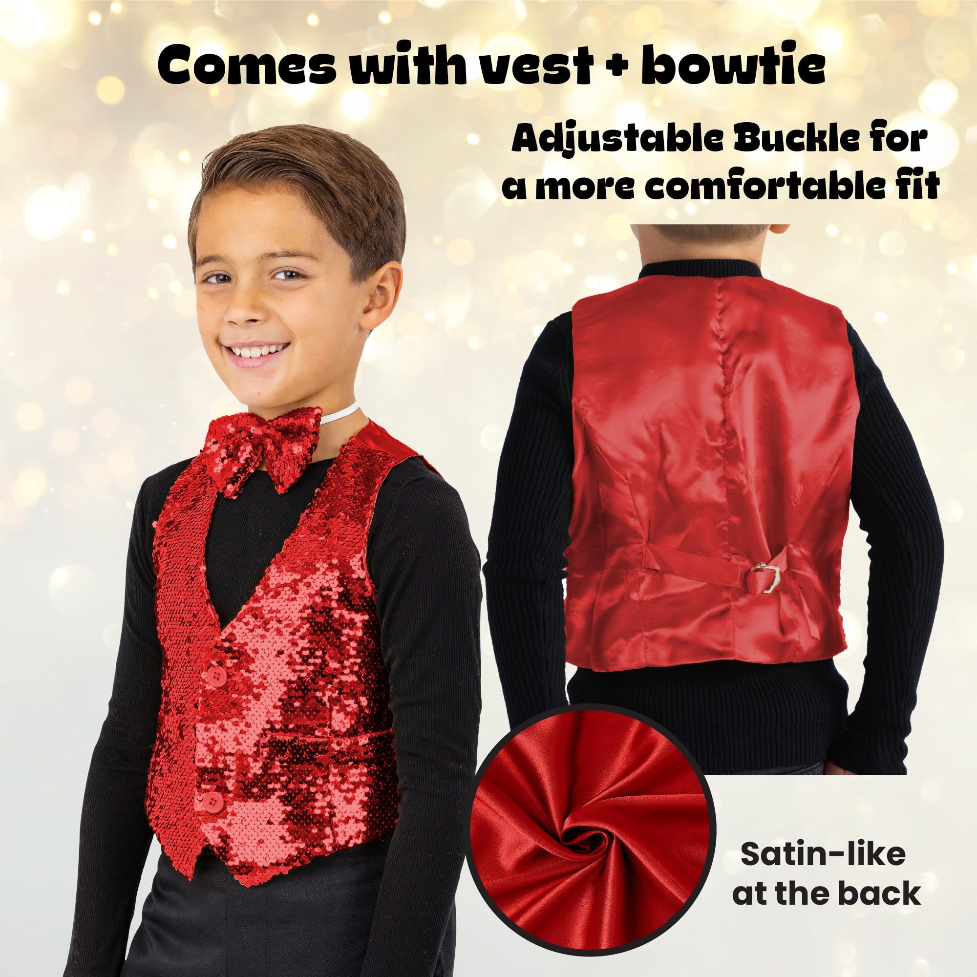 Dress Up America Sequin Vest with Bowtie, Red Sparkly Vest for Boys, Costume Dress Up Party Sequin Waistcoat for Kids - Image 2