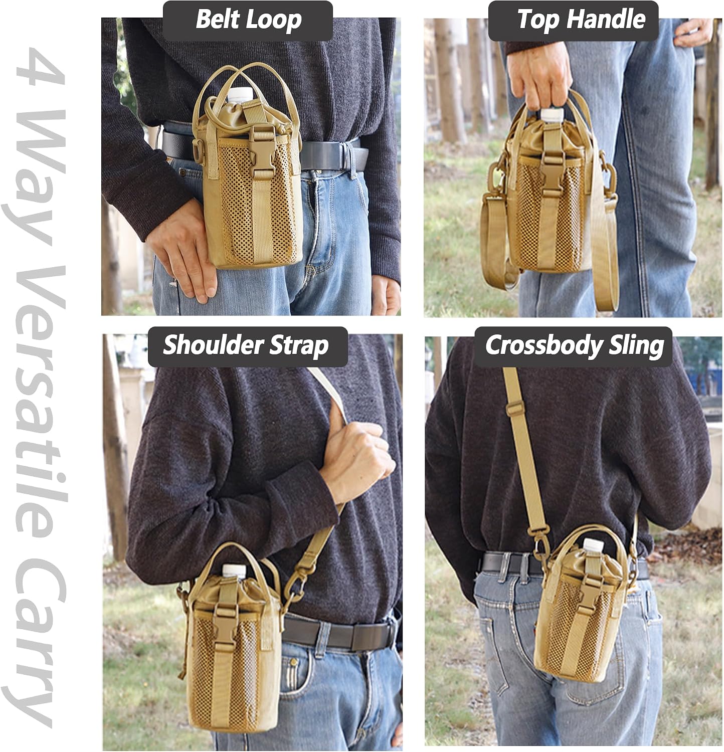 Tactical Water Bottle Holder - MOLLE Compatible Hydration Carrier for Wide Neck & Big Water Bottles (1.5L), Water-Repellent Finish, Adjustable Drawstring & Snap Closure for Hiking, Camping