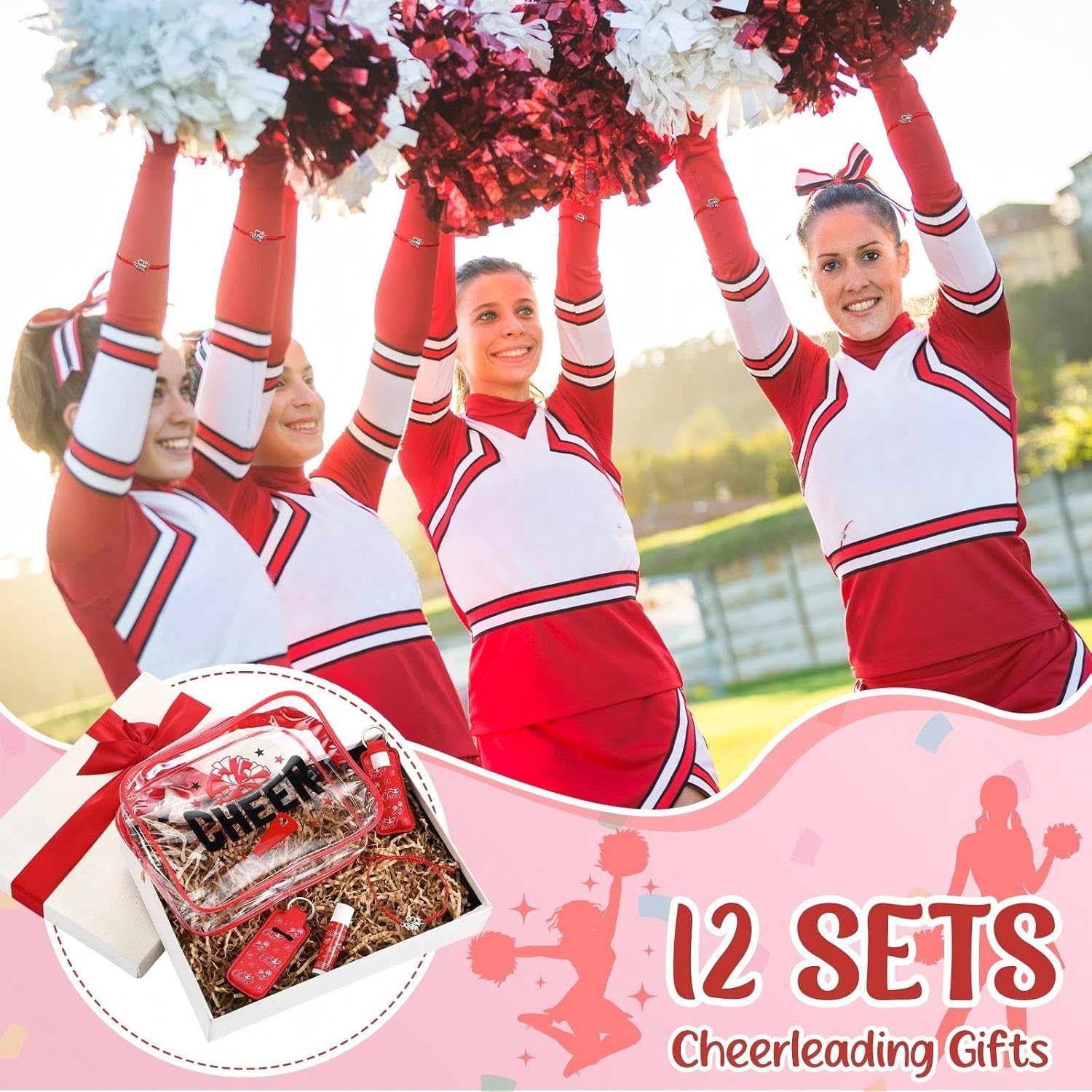 Leelosp 48 Pcs Cheer Gift Bulk for Team Cheerleader Party Favor Cheerleading Makeup Bag Bracelet Lip Balm Lipstick Holder Keychain for Women Teammates Gift Team Sports Party Supplies(Red) - Image 7
