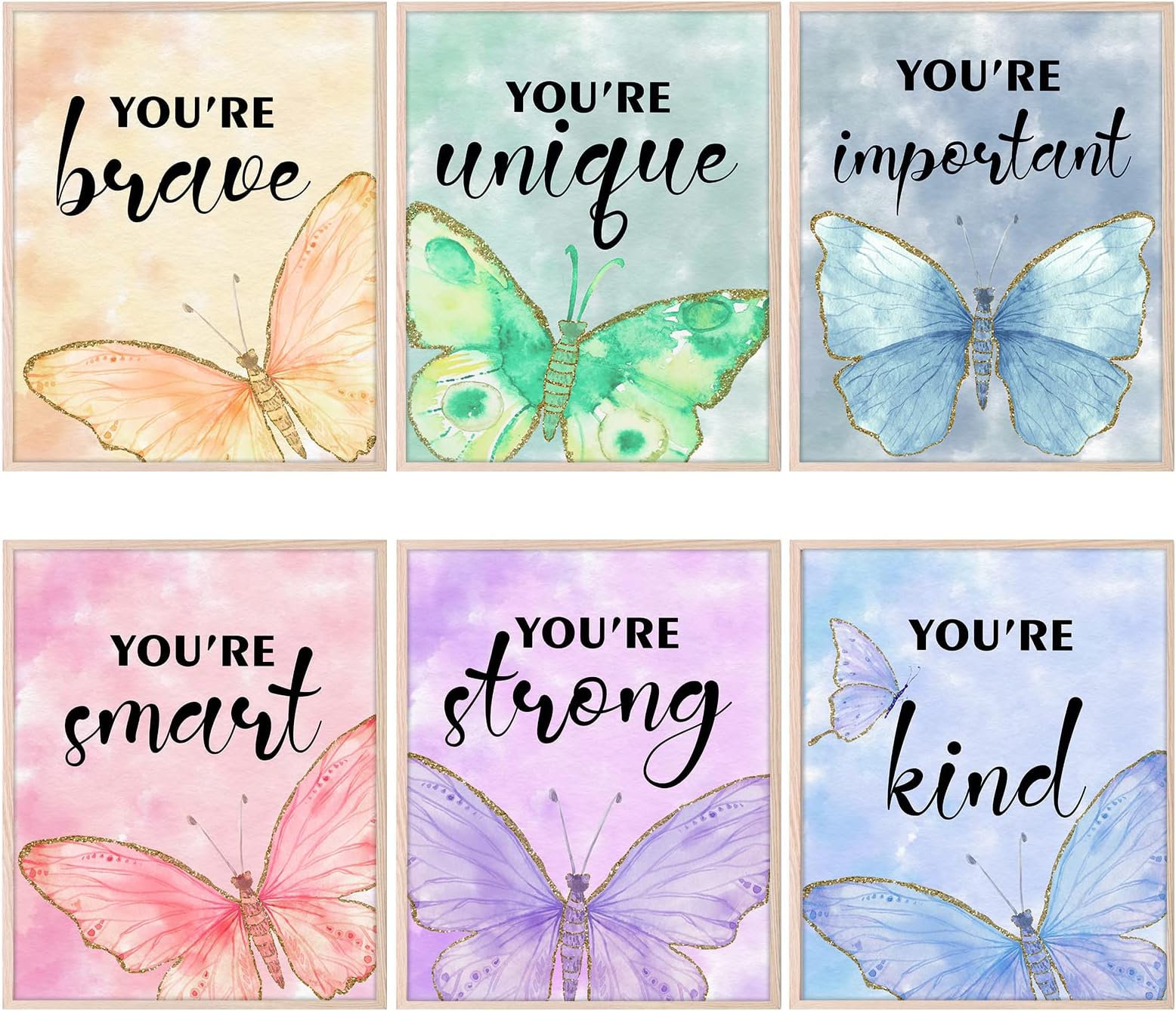 HOMANGA Girls Room Decor Posters, Girls Room Wall Art, Posters for Girls Room, Kids Room Butterfly Wall Art Prints, Girls Wall Decor Prints for Bedroom, Nursery Room (Set of 6, 20x25 CM, Unframed)