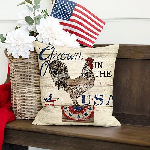 Miniatura 7 de Juego de 4 fundas de almohada decorativas con bandera estadounidense del 4 de julio, 18 x 18 pulgadas, diseño patriótico de Estados Unidos, granja