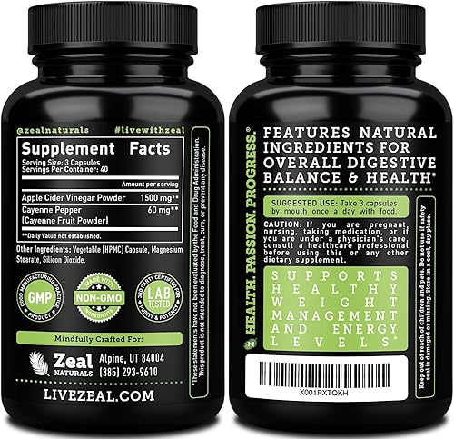 Miniatura 2 de Zeal Naturals Cápsulas naturales de vinagre de sidra de manzana cruda (1560 mg|120 cápsulas) píldoras de vinagre de sidra de manzana con pimienta de