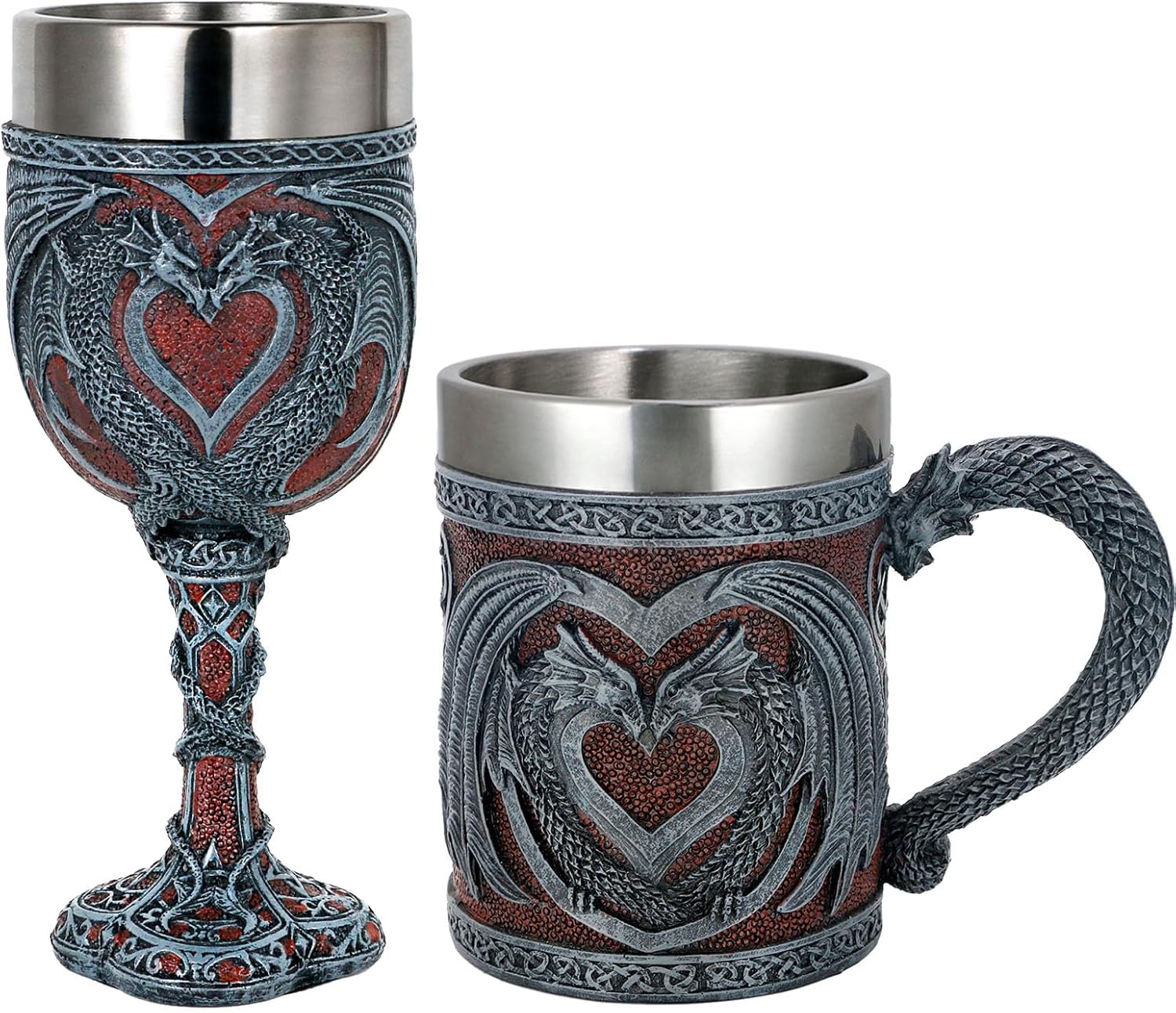 Medieval Double Dragon Wine Goblet & Dragon Coffee Mug - Valentines Dungeons and Dragons Gift Romantic Wine Chalice Goblet Stainless Steel DnD Cup Dragon Coffee Mugs for Adults