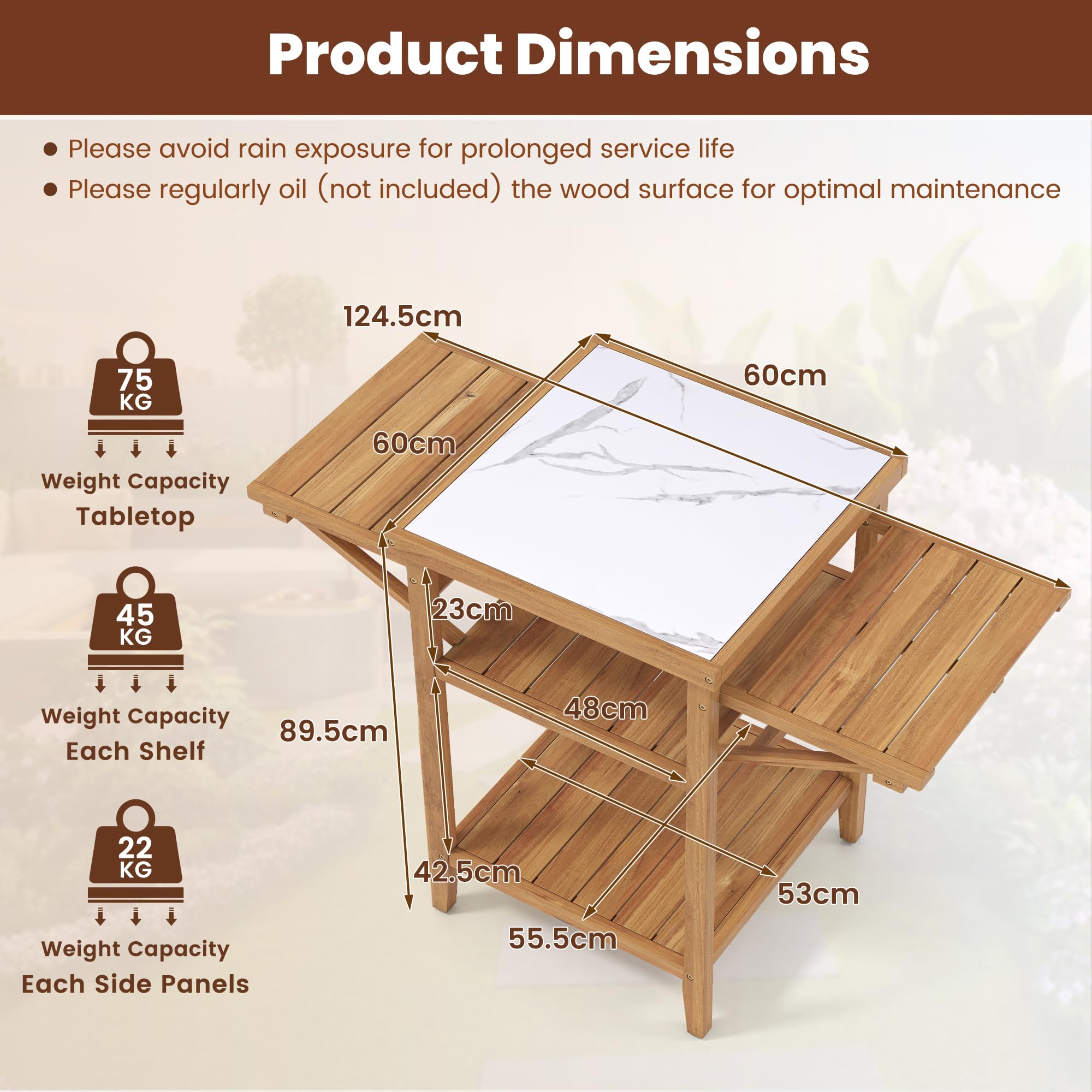GOPLUS Mesa de Barbacoa Exterior de Madera de Acacia con Encimera de Imitación de Mármol